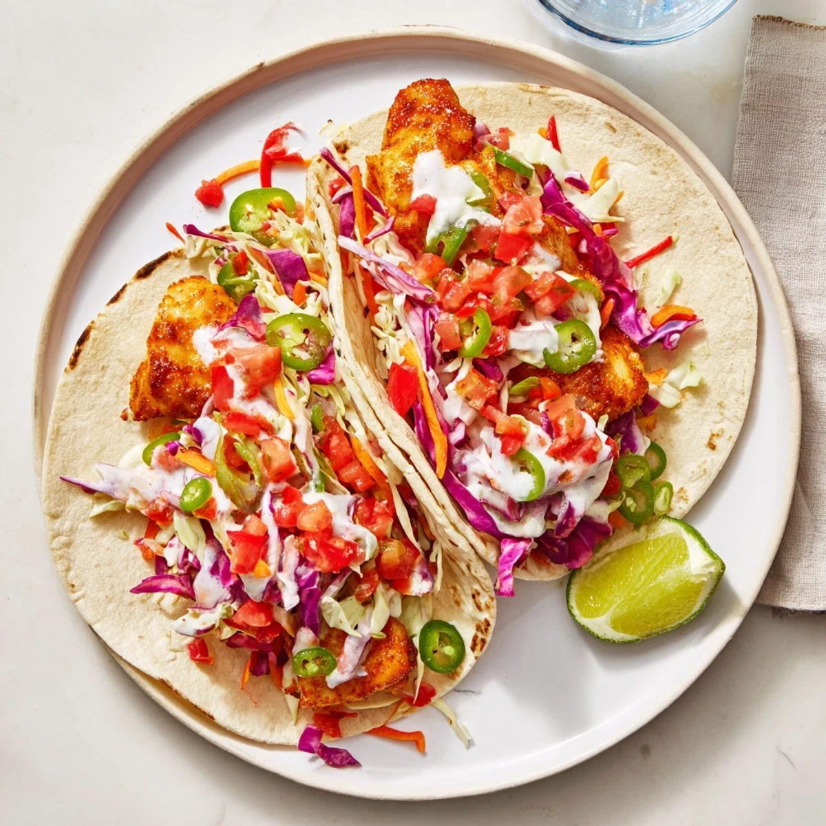 Soft corn tortillas hold seasoned barramundi fillets, piled high with vibrant rainbow slaw and fresh salsa for an easy dinner.