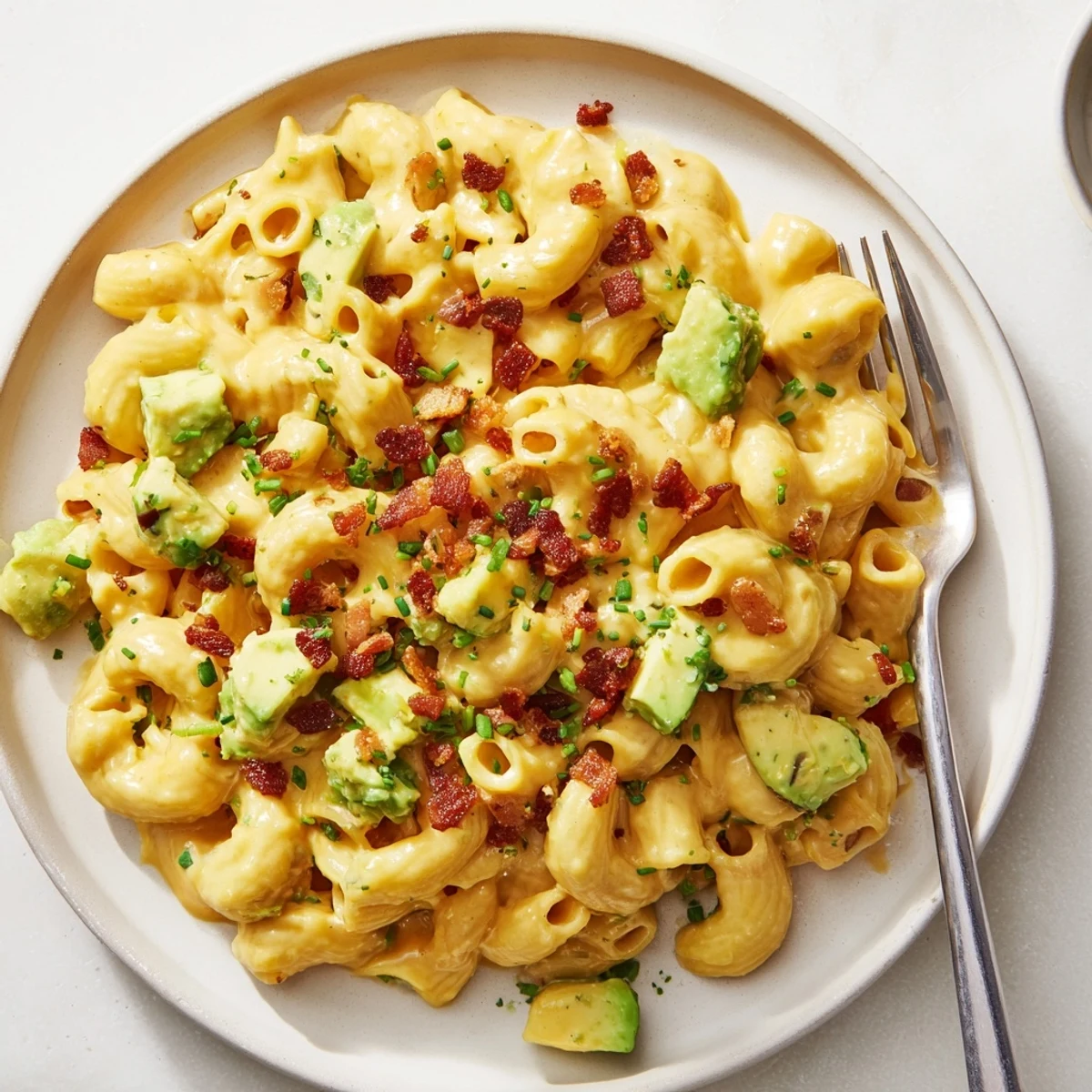 Golden, creamy Avocado and Bacon Mac and Cheese with crispy bacon bits and fresh green avocado chunks glistening in the bowl.