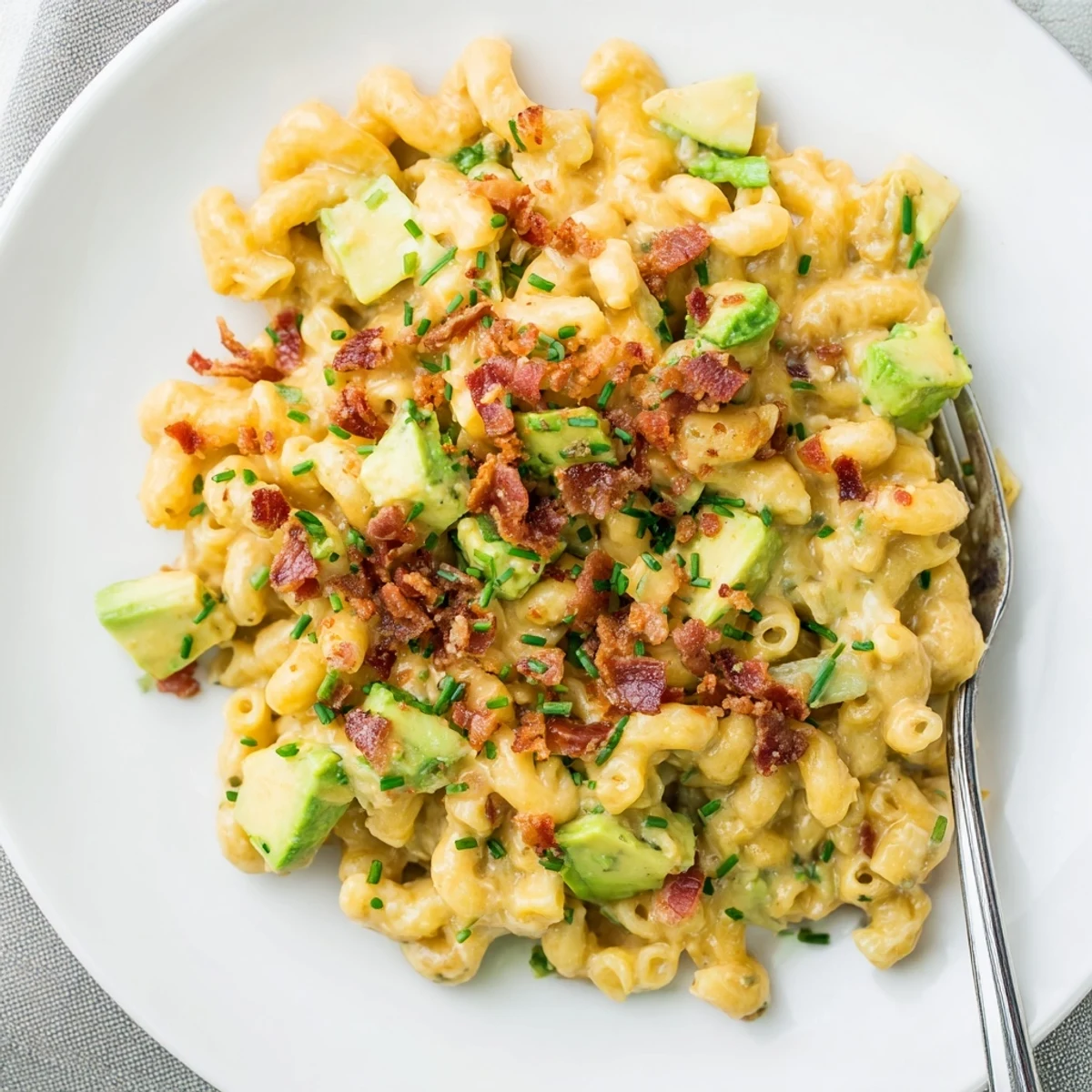 This easy American-style Avocado and Bacon Mac and Cheese features a rich cheese sauce with smoky bacon and smooth avocado.