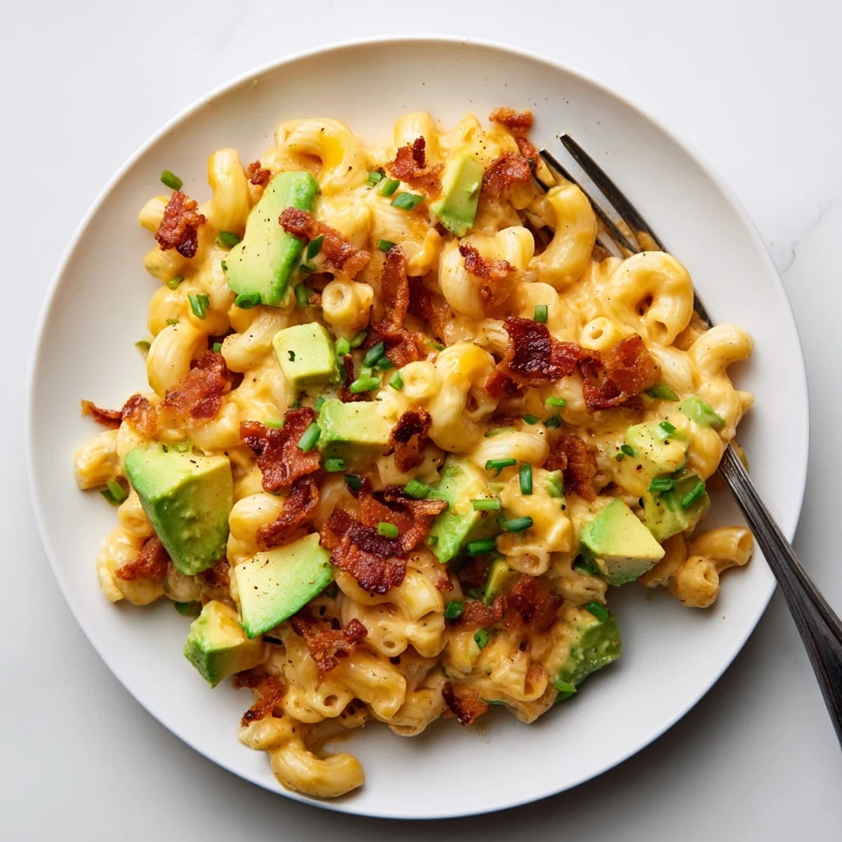 A close-up of a hearty Avocado and Bacon Mac and Cheese served on a white plate, garnished with chives and ready to eat.