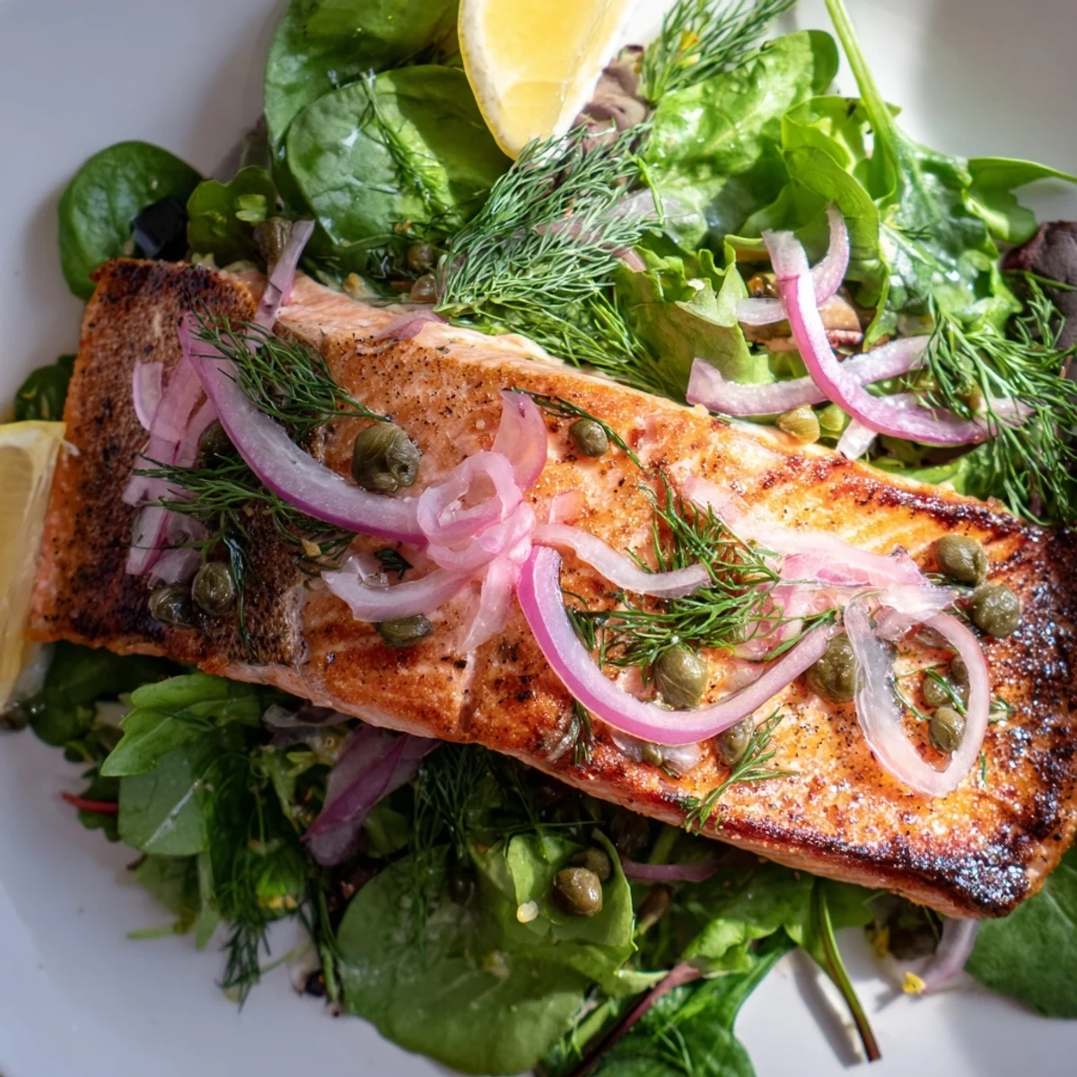 Golden-brown Crispy Skin Tasmanian Atlantic Salmon fillets rest atop a bright lemony herb salad with fresh dill and parsley.