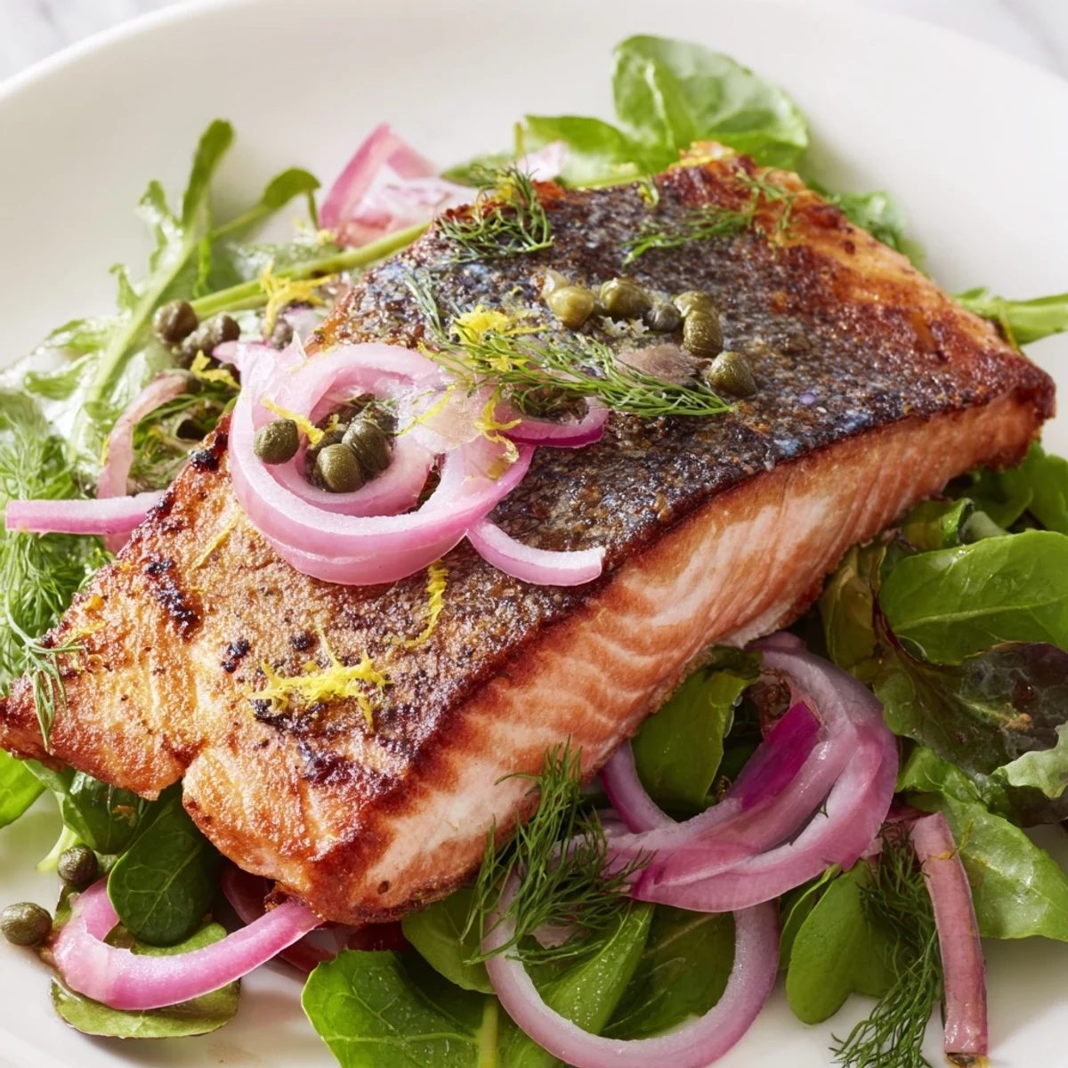 Two elegant Crispy Skin Tasmanian Atlantic Salmon pieces showcase their crackling skin beside a vibrant, peppery arugula and red onion salad.