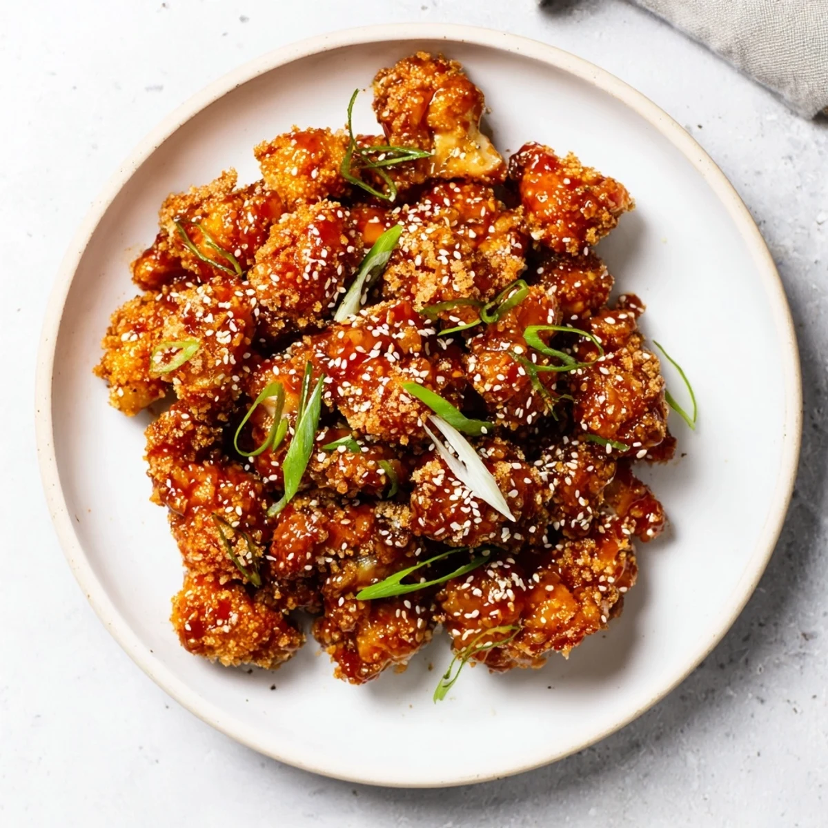 Tender, oven-baked Sticky Honey Garlic Cauliflower bites tossed in a glossy sauce, served alongside steamed rice for a delicious vegetarian meal.