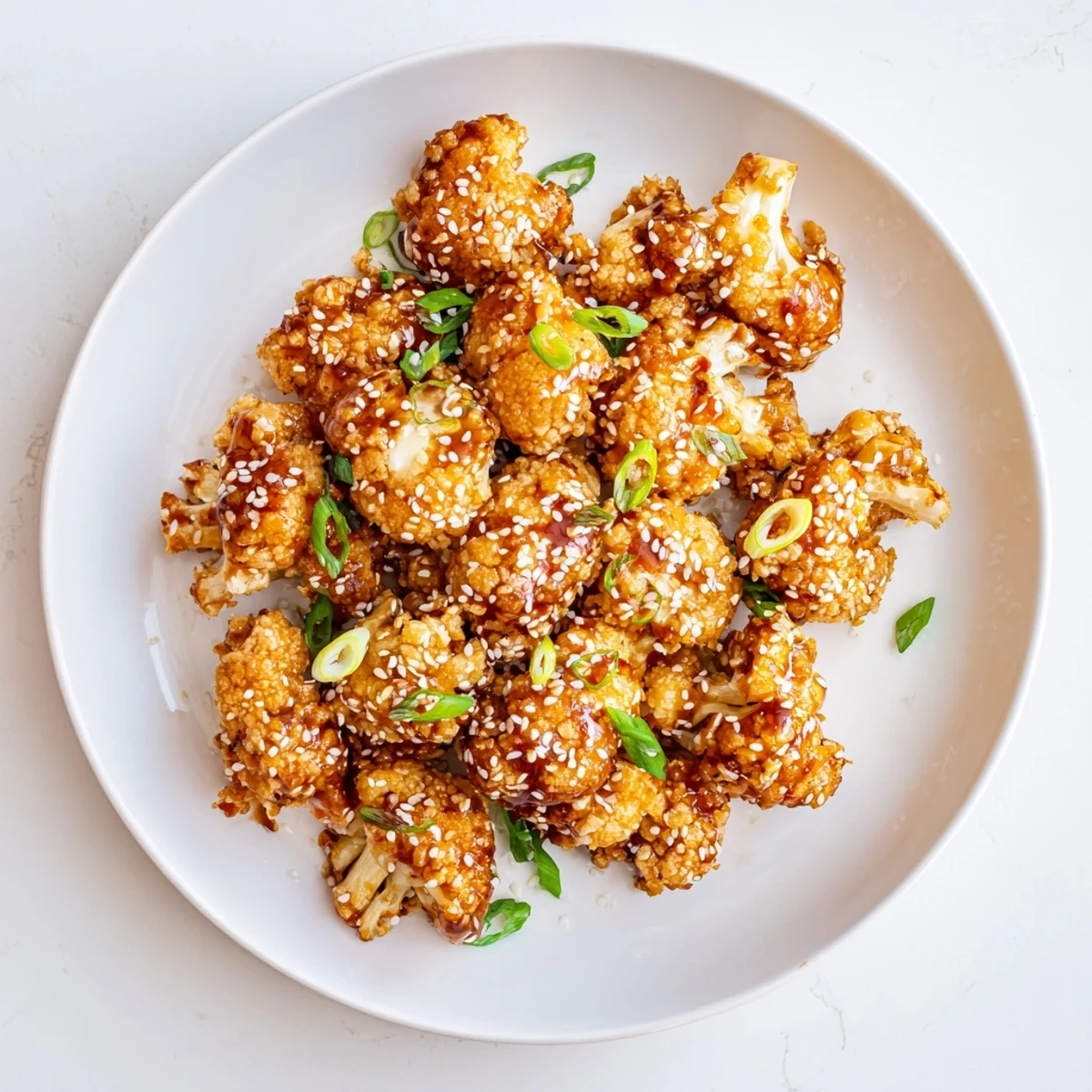 Golden, crispy Sticky Honey Garlic Cauliflower florets glistening with sticky sweet sauce, garnished with sesame seeds and green onions on a plate.