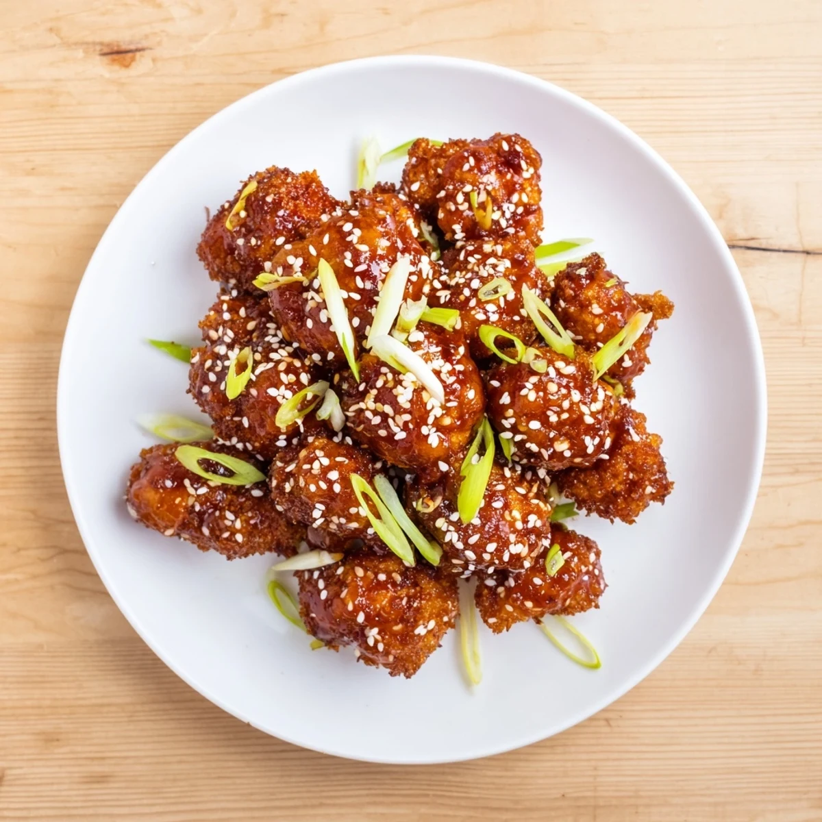 Close-up of Sticky Honey Garlic Cauliflower showing crunchy panko coating, drizzled with savory glaze and topped with fresh sliced green onions.