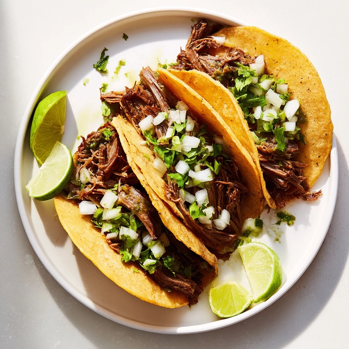 Close-up of assembled Beef Cheek Tacos topped with diced onion, salsa verde, and lime wedges.