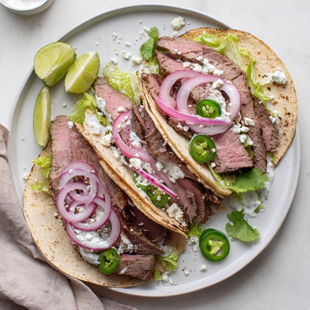 Golden brown cumin crusted leg of lamb slices arranged on warm corn tortillas with fresh toppings.