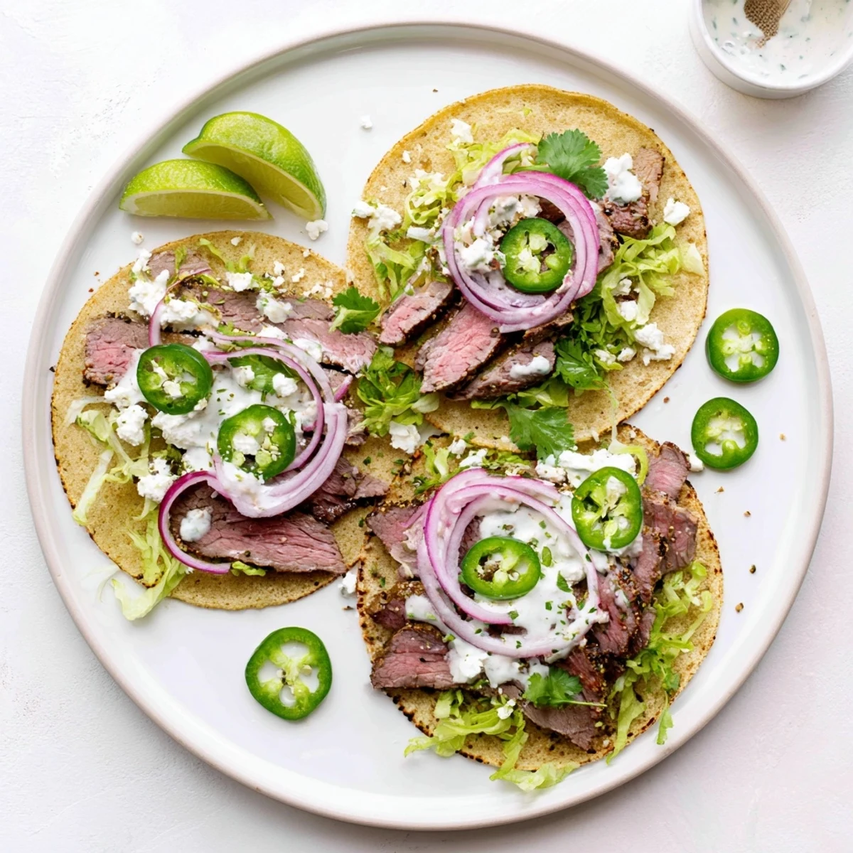 A close up of cumin crusted leg of lamb tacos topped with cilantro, red onion, and crumbled feta.