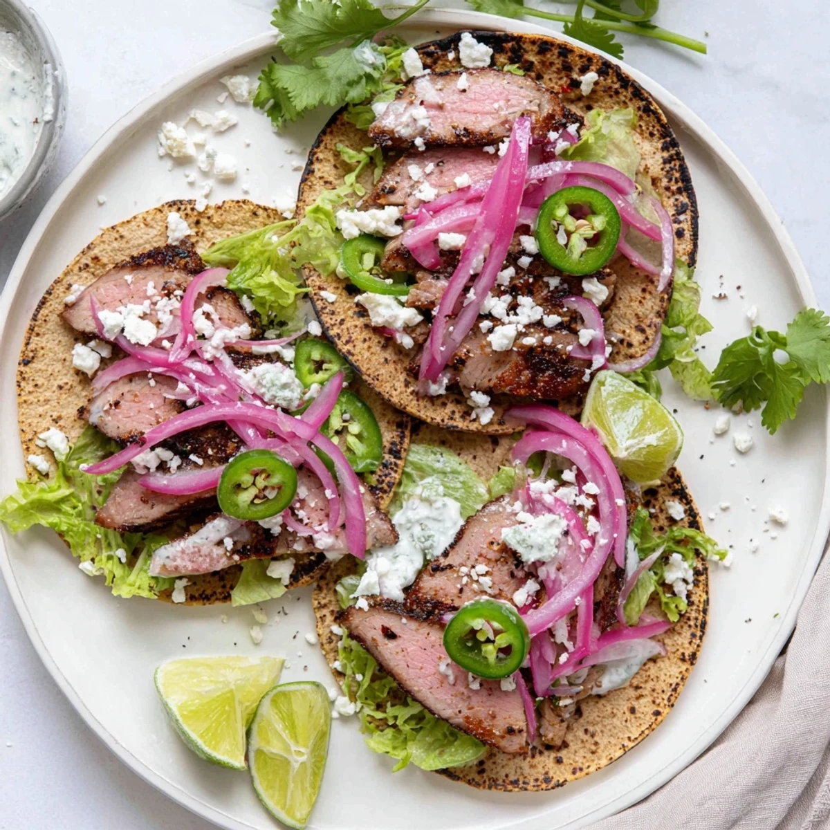 Slow roasted cumin crusted leg of lamb served as vibrant fusion tacos with yogurt lime sauce.