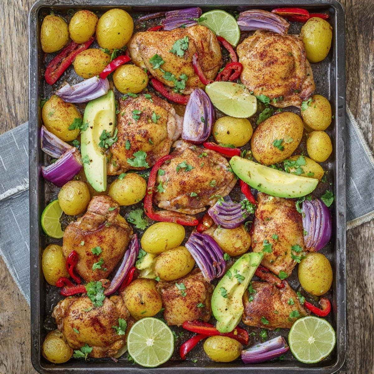 Succulent chicken thighs and golden roasted potatoes topped with creamy avocado slices, fresh parsley, and lime wedges on a rustic tray bake.