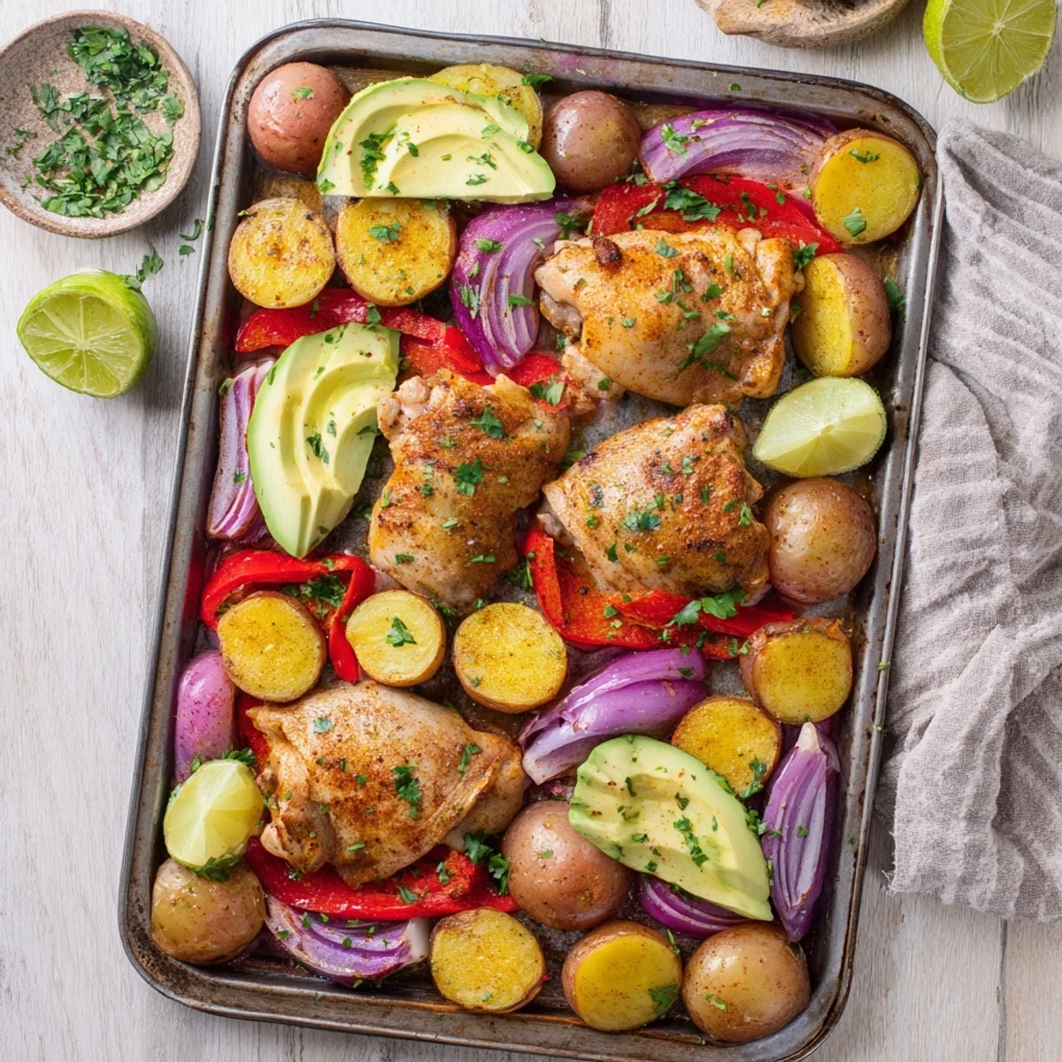 The Chicken Avocado and Crunchy Potato Tray Bake sits on a baking sheet, showcasing crispy baby potatoes next to vibrant red onion and bell pepper.