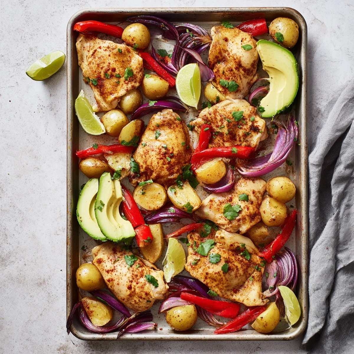 Finished with lime and herbs, the Chicken Avocado and Crunchy Potato Tray Bake offers a hearty, gluten-free main dish perfect for weeknight family dinners.