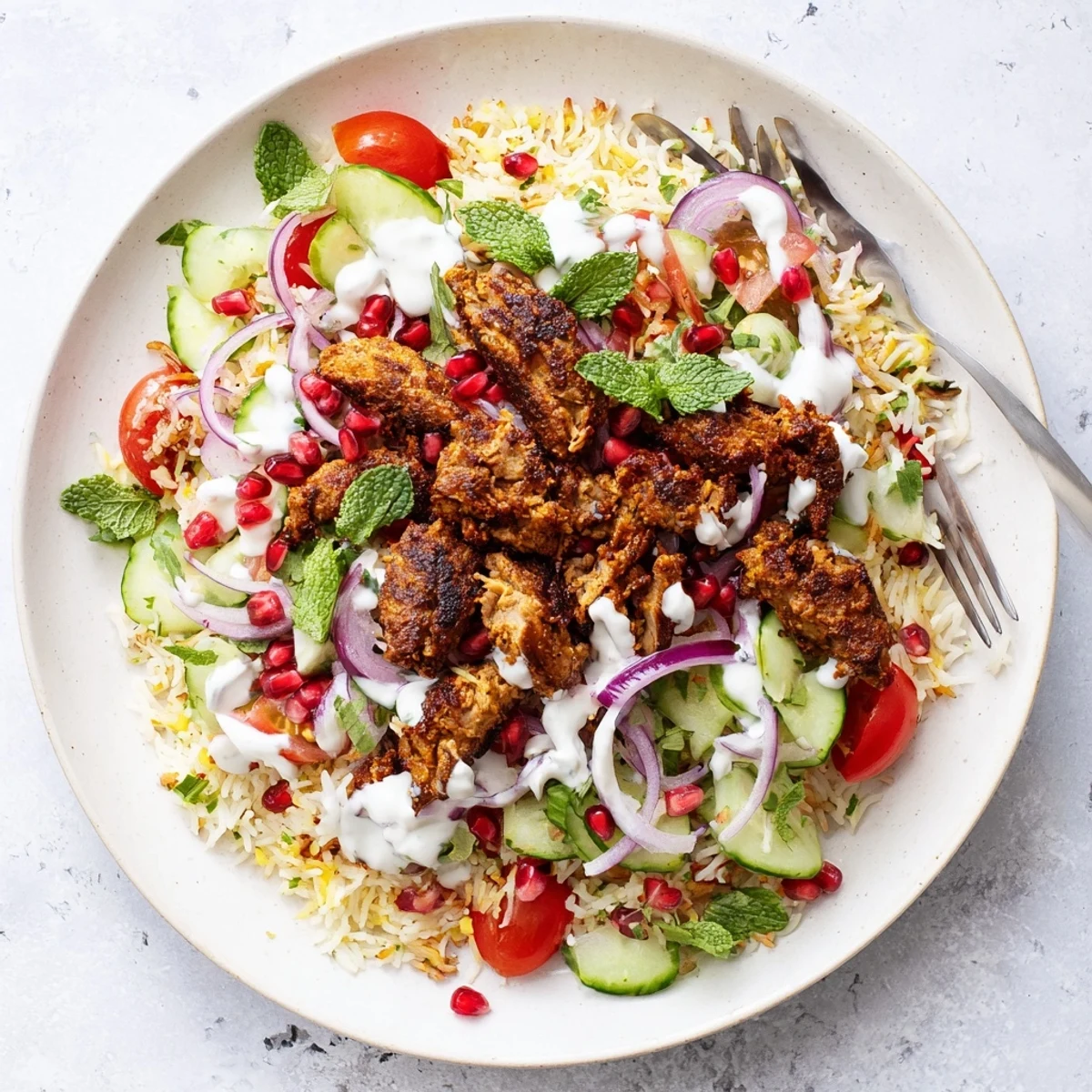 Vibrant chicken shawarma crispy rice salad featuring juicy spiced meat, crunchy rice grains, and colorful veggies