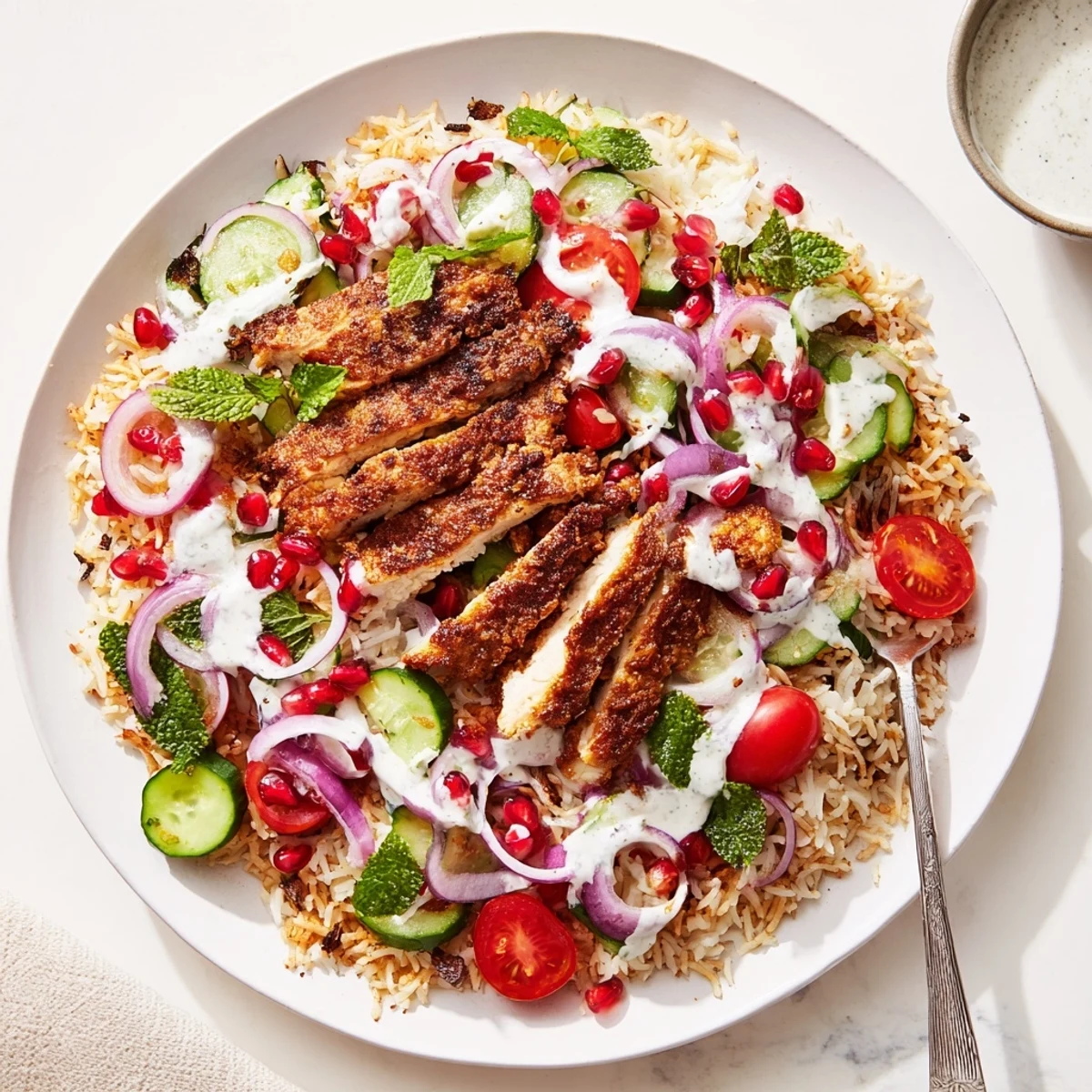 Golden brown shawarma-spiced chicken atop crispy rice with fresh vegetables and creamy tahini dressing