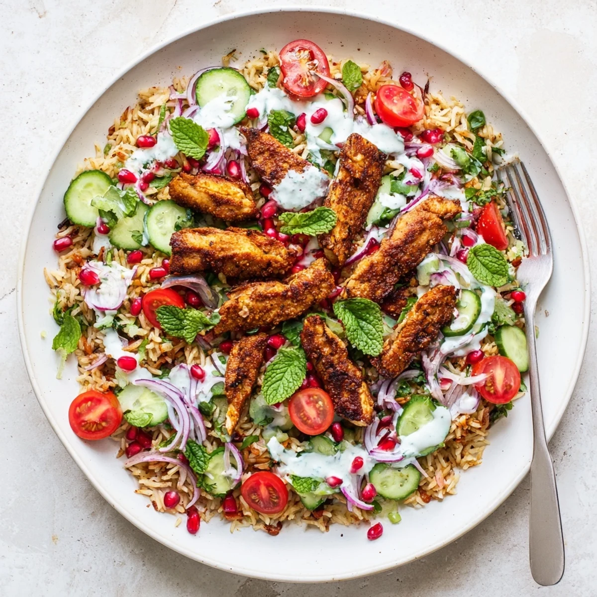 Mediterranean-inspired bowl with marinated chicken, crispy golden rice, tomatoes, cucumber, and tangy yogurt-tahini sauce