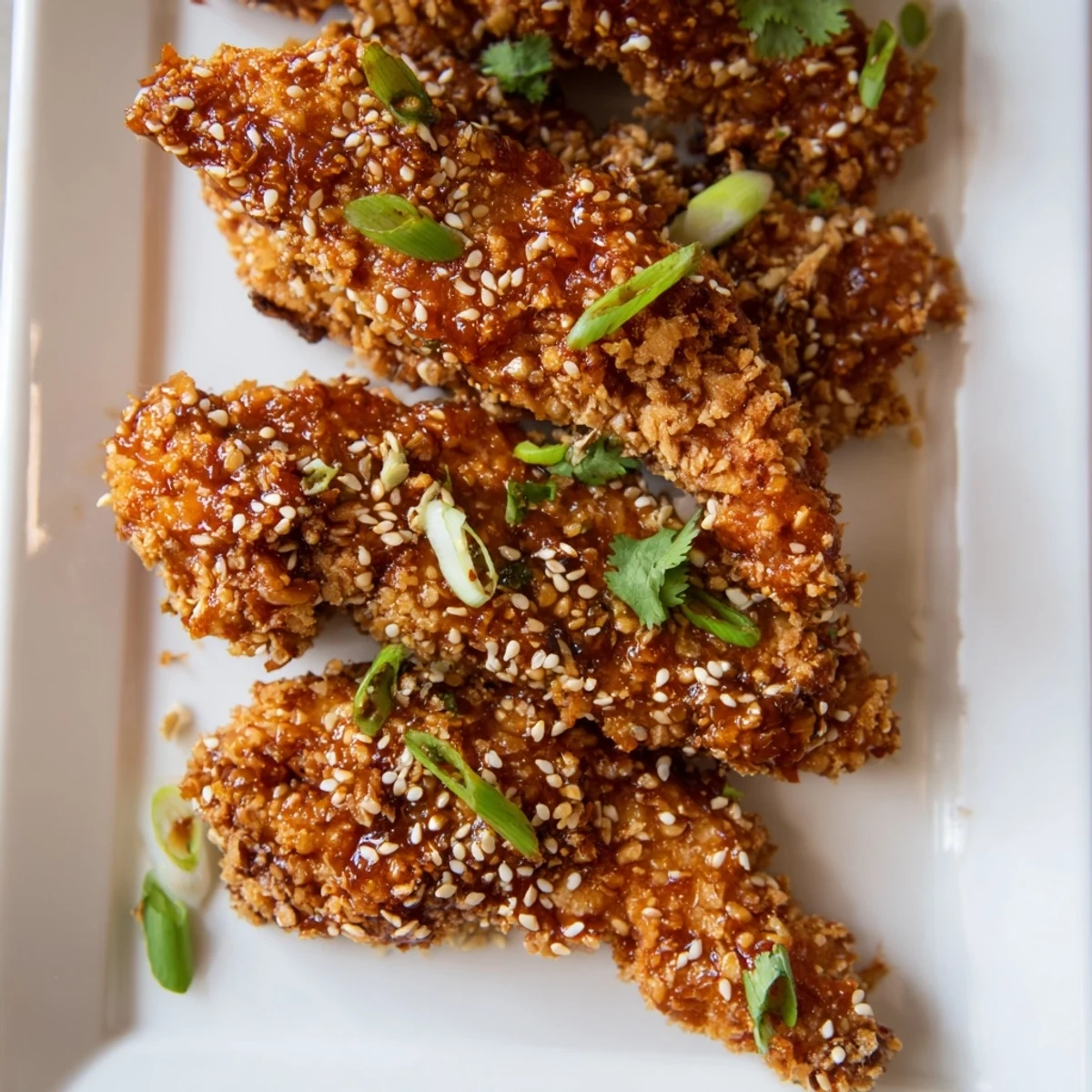 Golden Thai sticky chicken fingers glazed with sweet spicy sauce and garnished with sesame seeds and fresh spring onions