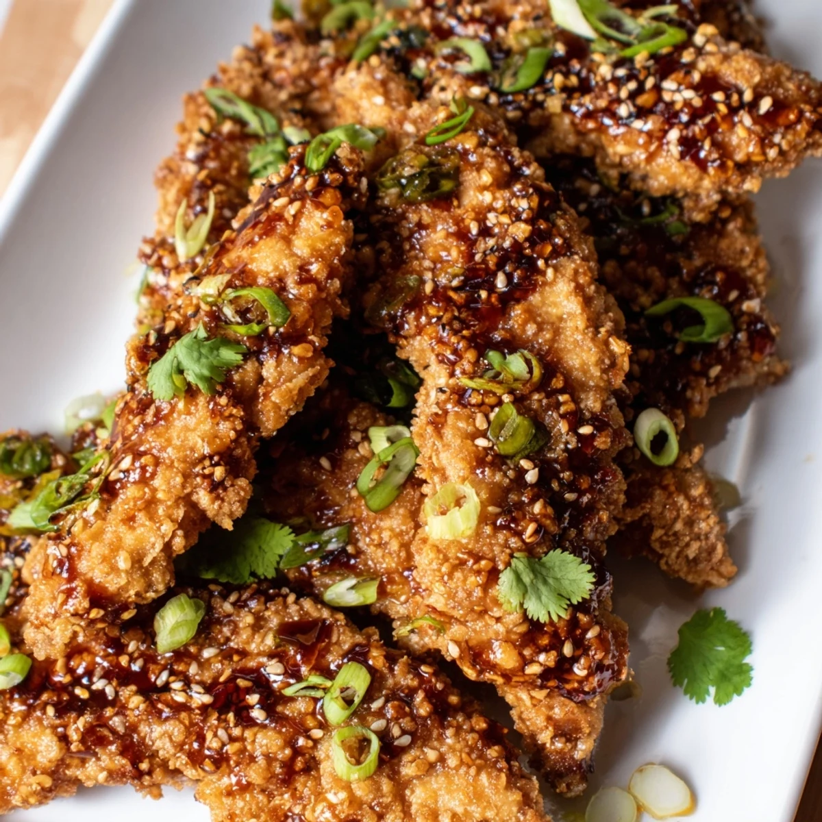 Crispy baked chicken tenders coated in rich Thai chili sauce topped with toasted sesame seeds and cilantro
