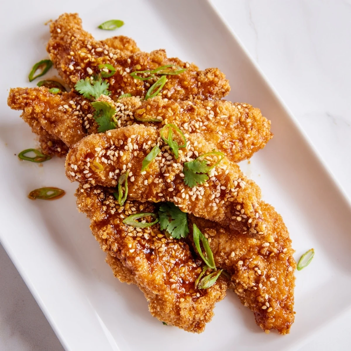 Plate of Thai sticky chicken fingers glistening with sweet and spicy glaze sprinkled with green onions and sesame seeds
