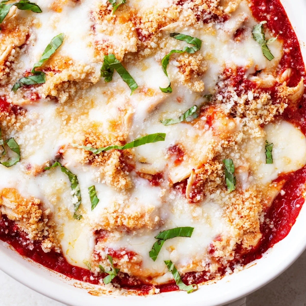Golden bubbly keto chicken parmesan casserole with melted mozzarella and fresh basil garnish