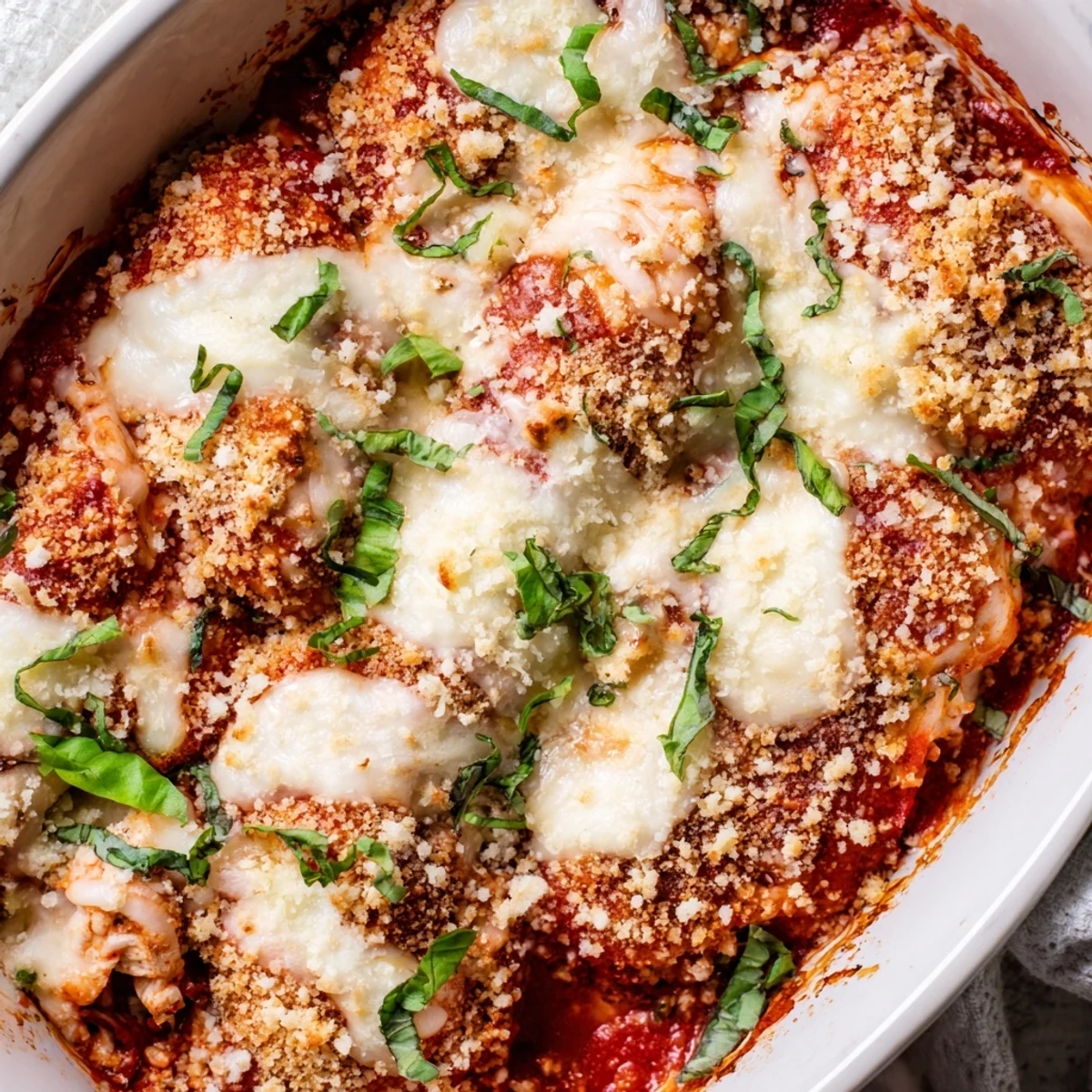 Bubbling low carb chicken parmesan casserole fresh from oven with crispy cheese topping