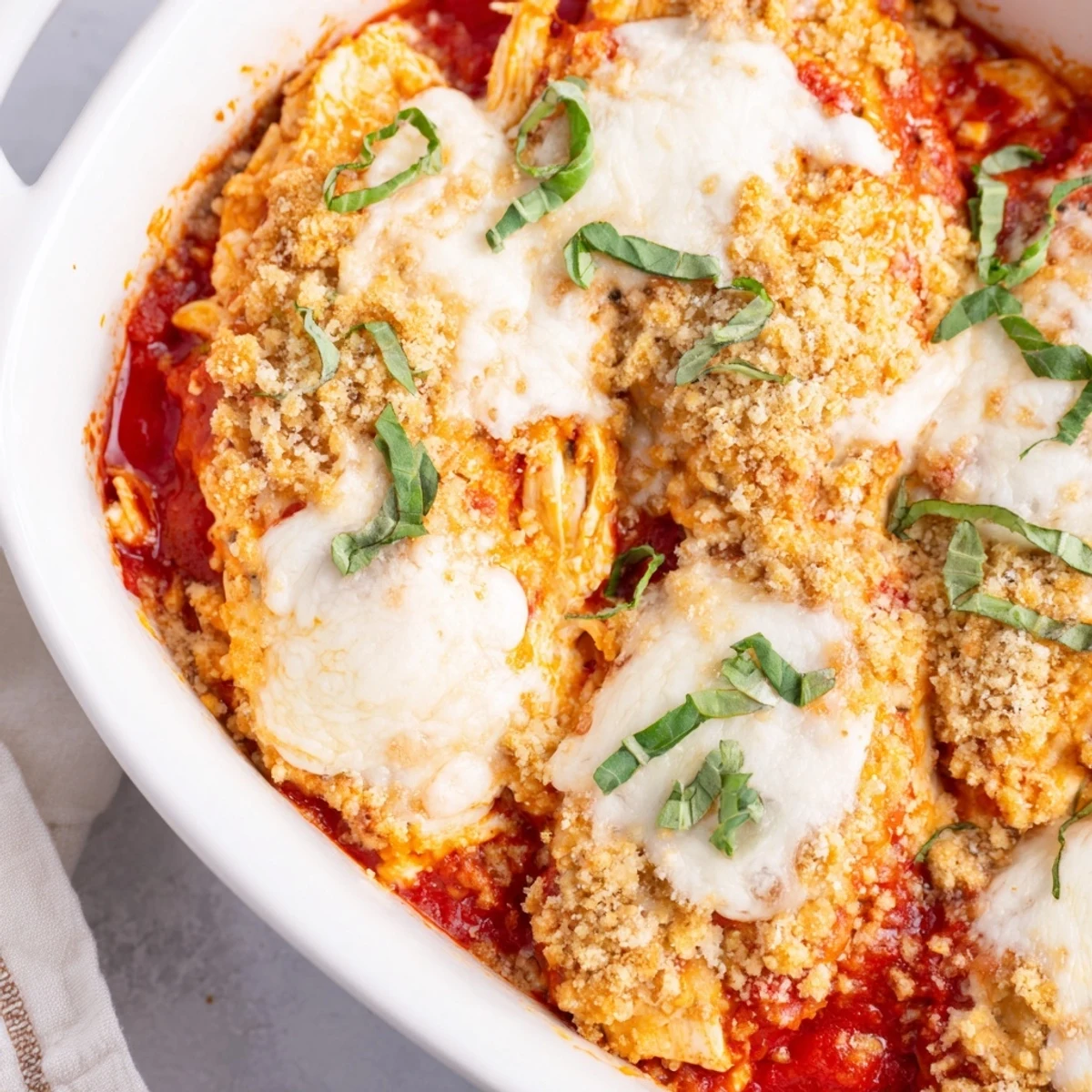 Spoonful of cheesy keto chicken parmesan casserole featuring tender chicken in marinara sauce