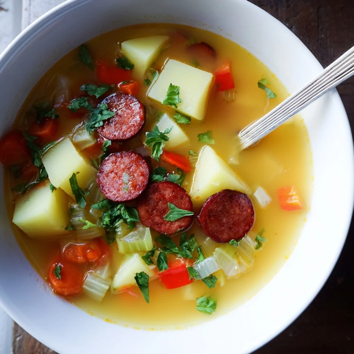 Creamy Spanish Potato Soup with Chorizo topped with crispy sausage slices and fresh parsley garnish in a rustic bowl