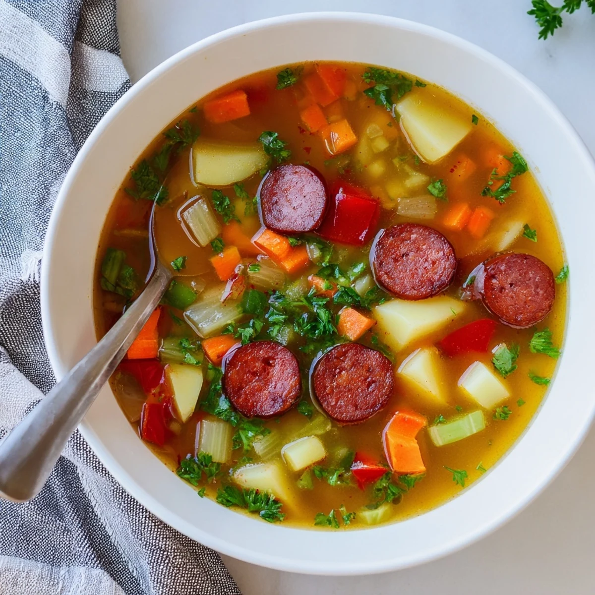 Hearty bowl of Spanish Potato Soup with Chorizo featuring tender potatoes, smoky sausage, and colorful diced vegetables in rich broth