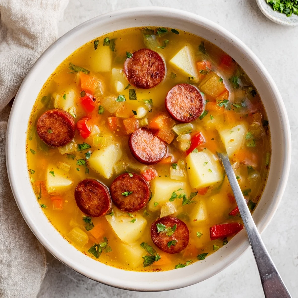 Golden Spanish Potato Soup with Chorizo steaming in a white bowl, garnished with reserved chorizo pieces and green parsley