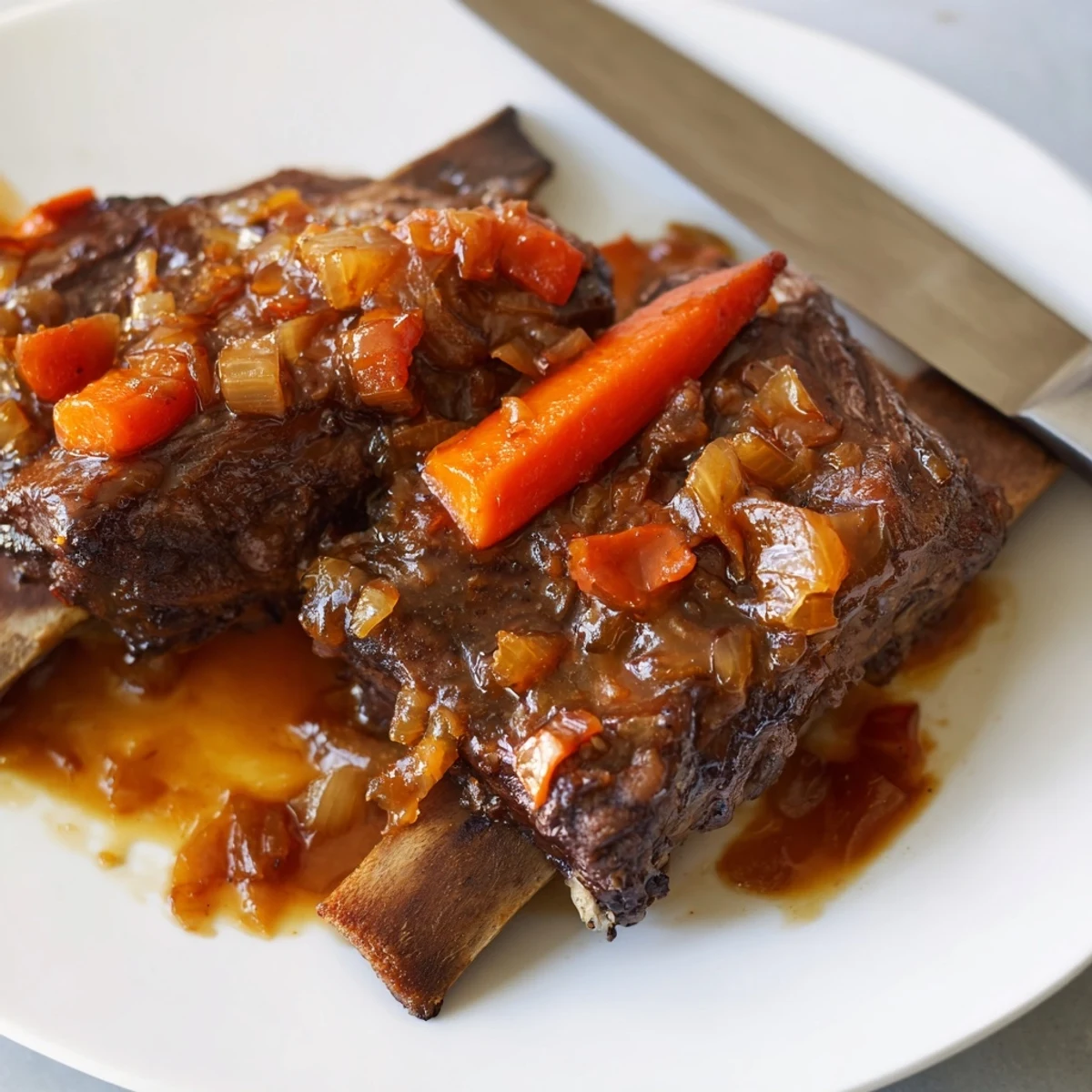 Golden maple bourbon glazed short ribs with shiny caramelized coating on white plate