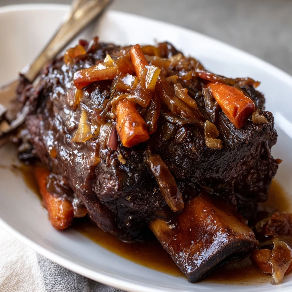 Tender fall-off-the-bone beef short ribs smothered in rich sweet maple-bourbon sauce