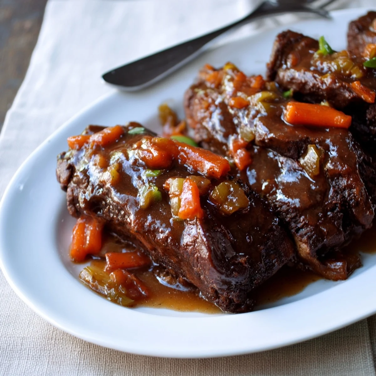 Braised short ribs glistening with sticky maple bourbon glaze served over creamy mashed potatoes