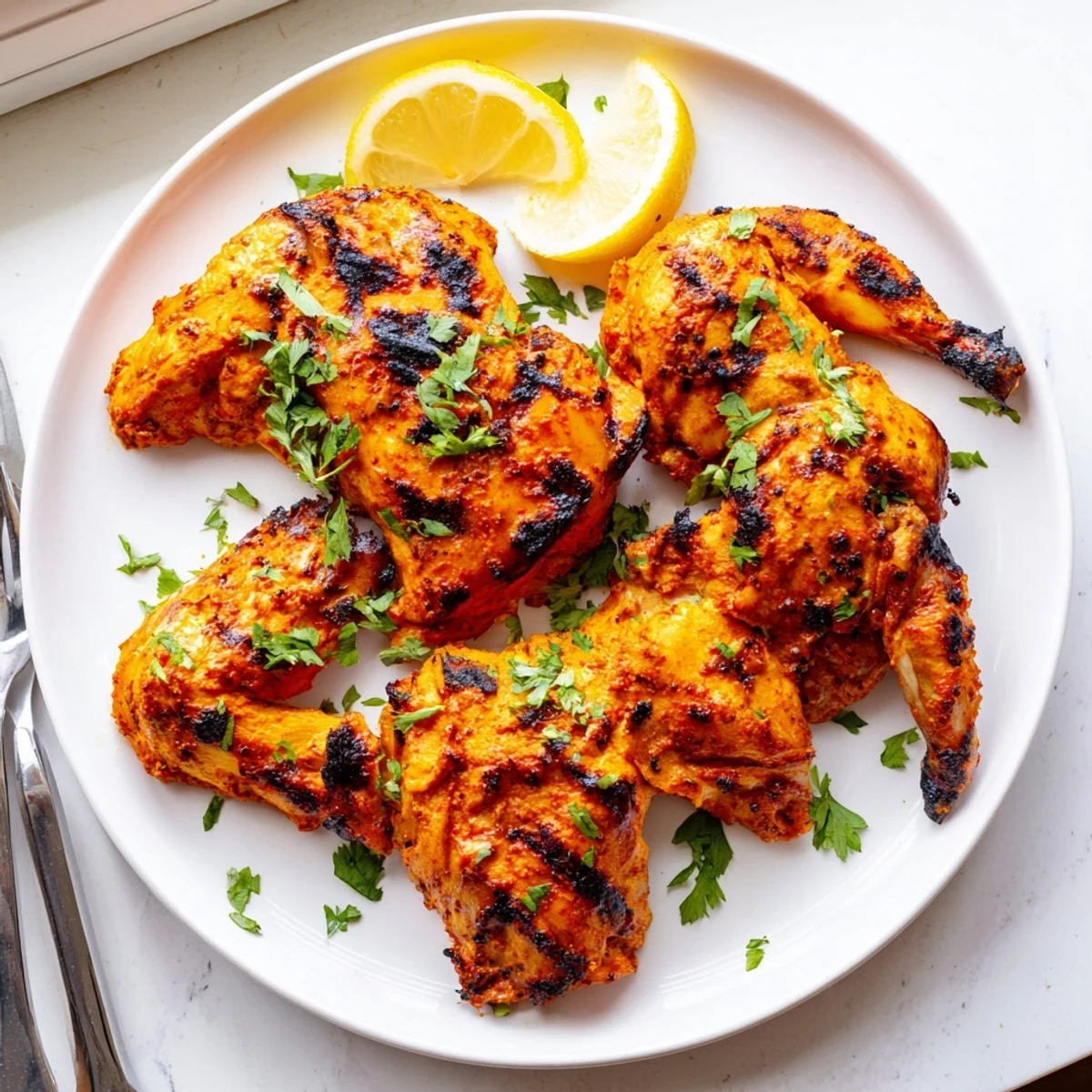 Golden charred Peri Peri chicken Portuguese style with crispy skin and vibrant red marinade