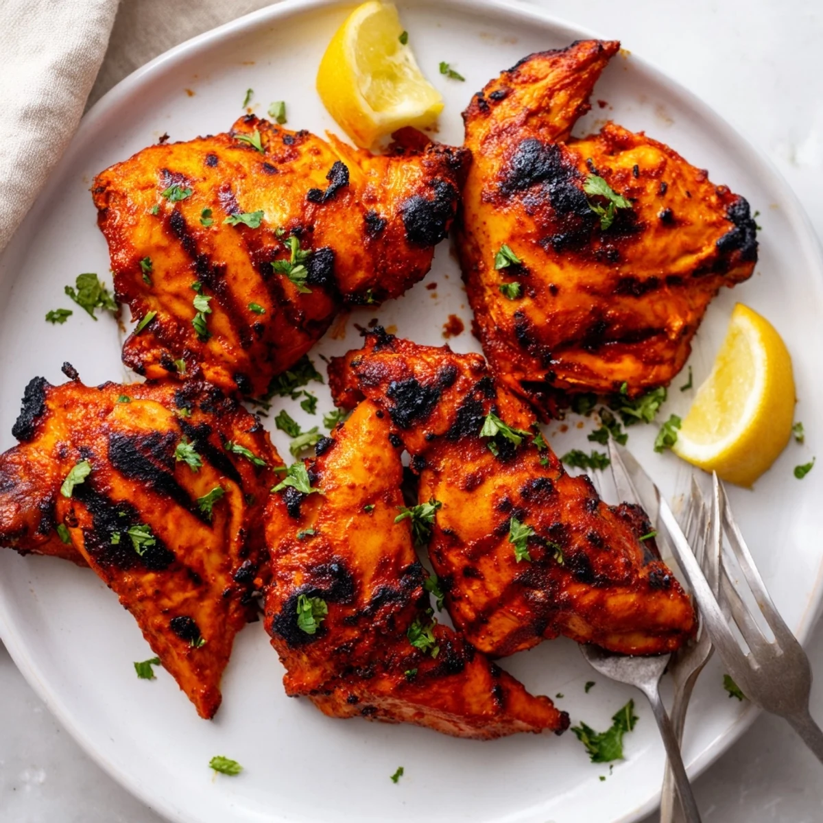 Whole Peri Peri chicken Portuguese style resting on a platter with lemon wedges and parsley garnish