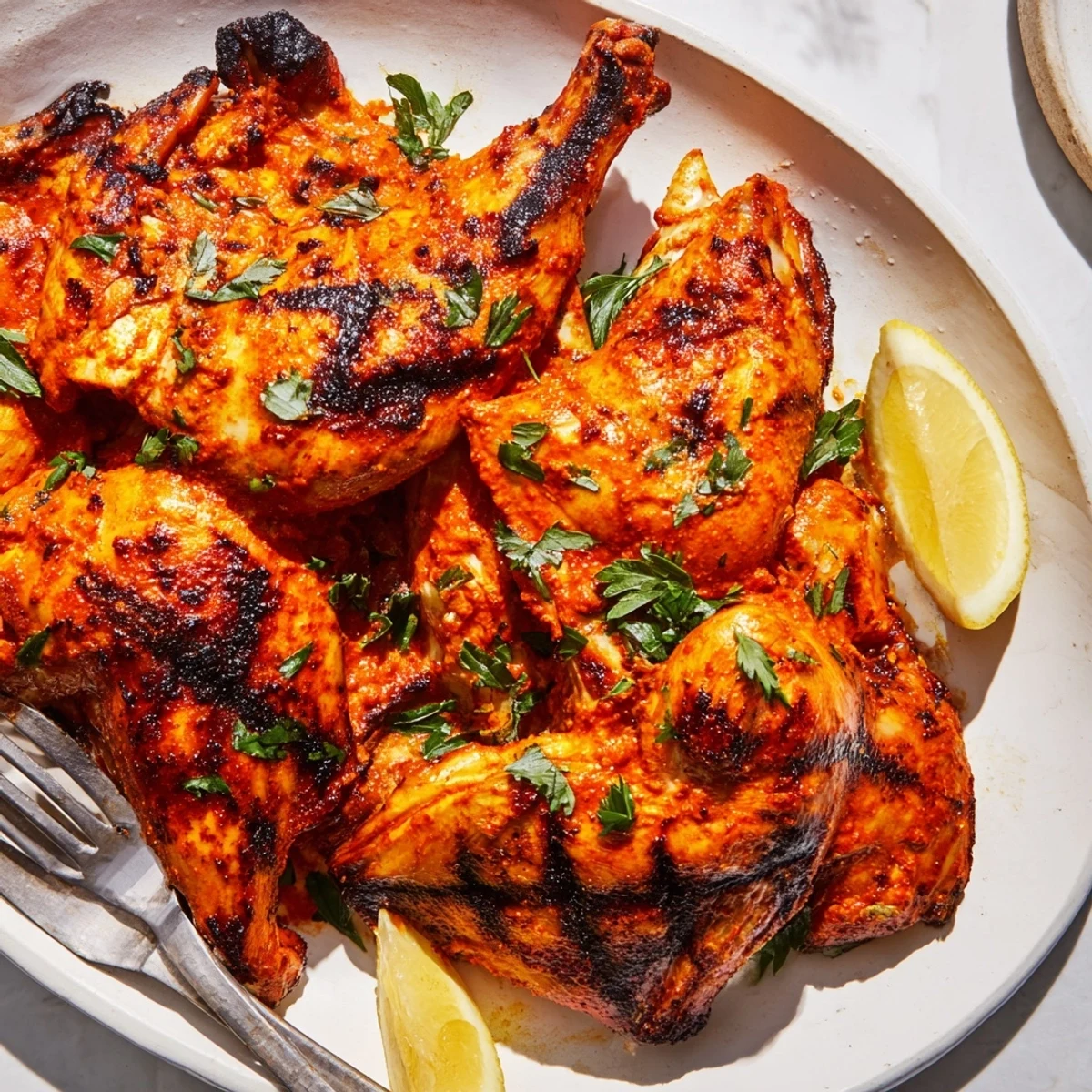Spatchcocked Peri Peri chicken Portuguese style grilled to perfection with smoky charred edges and fresh herbs