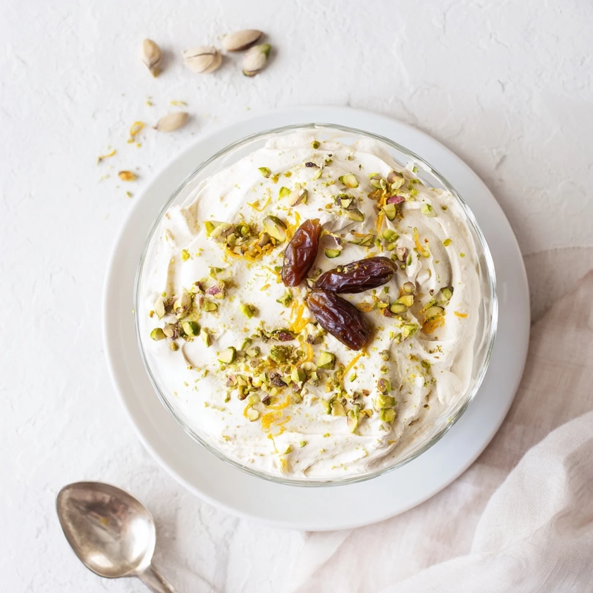 Creamy Lebanese date orange blossom mousse garnished with chopped pistachios and orange zest