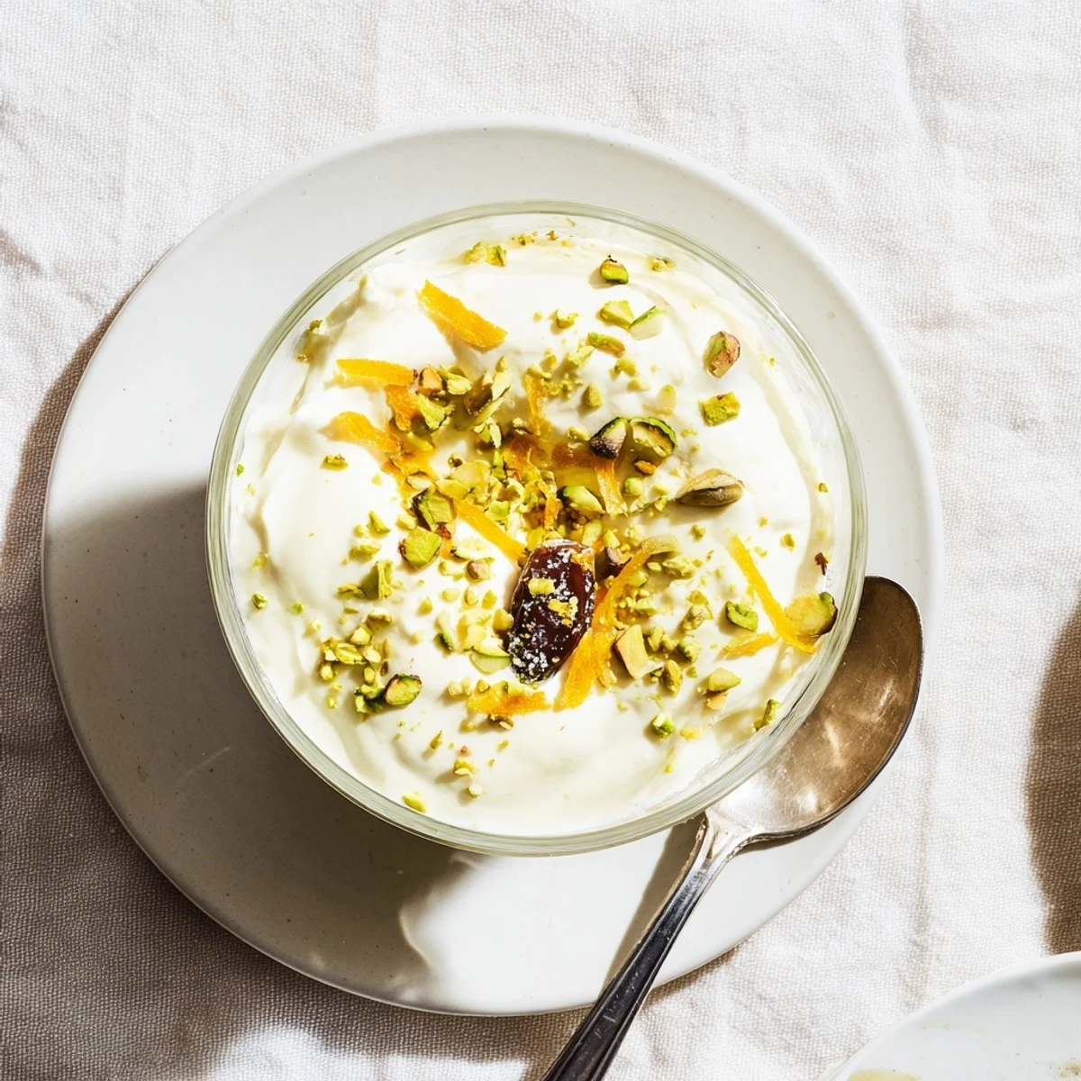 Airy Lebanese date orange blossom mousse served in clear glasses with citrus accents