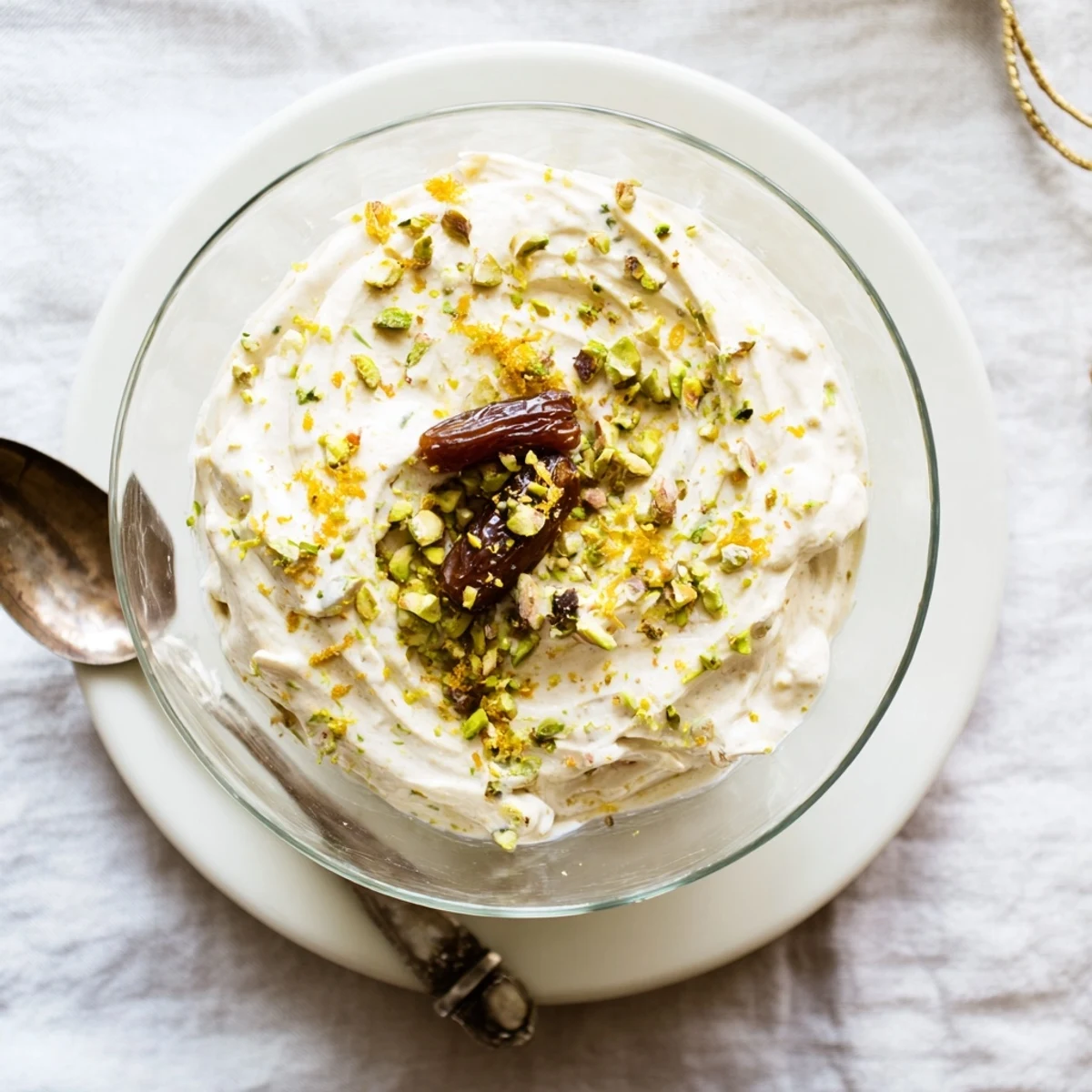 Light and luscious Lebanese date orange blossom mousse topped with pistachios and fresh orange zest