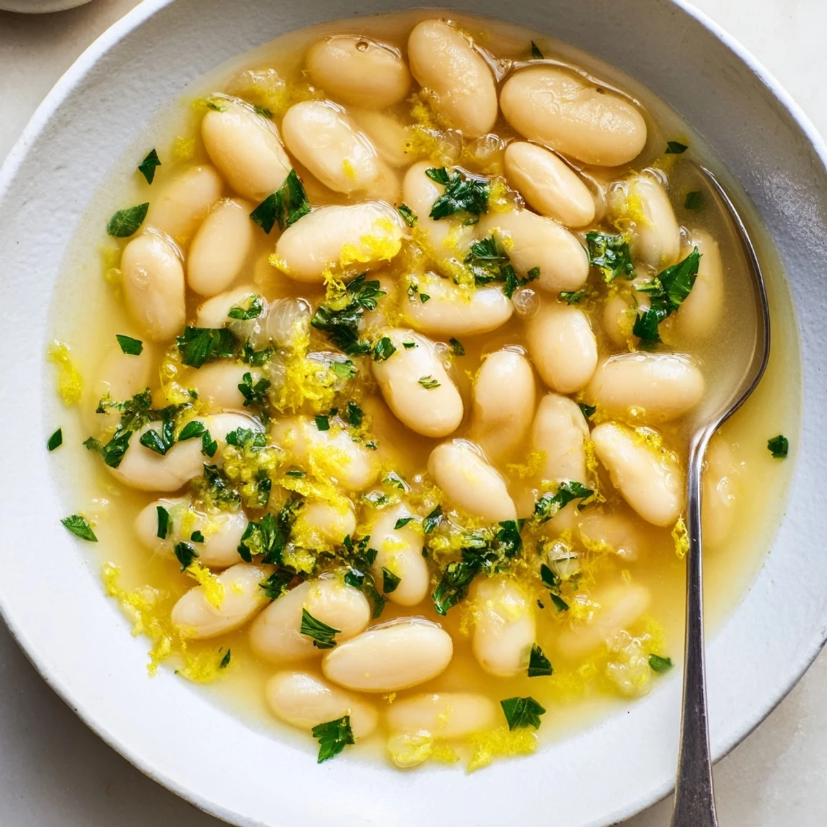 Savory bowl of miso butter brothy beans garnished with parsley and served with crusty artisan bread