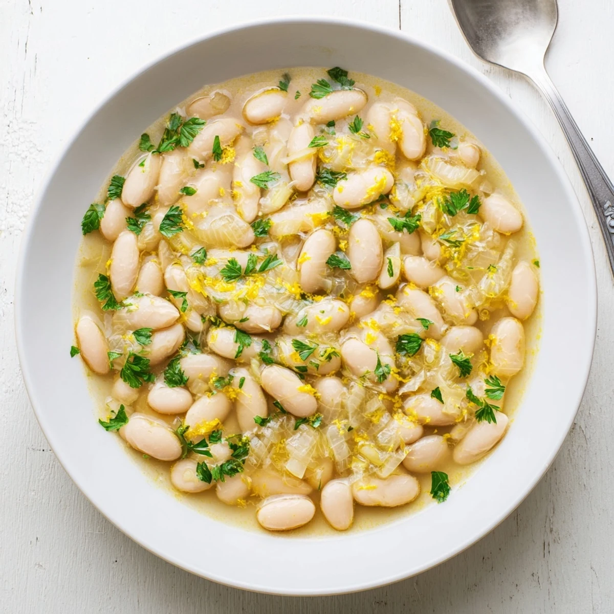 Steaming white bean soup in rich umami miso broth finished with fragrant garlic and red pepper flakes