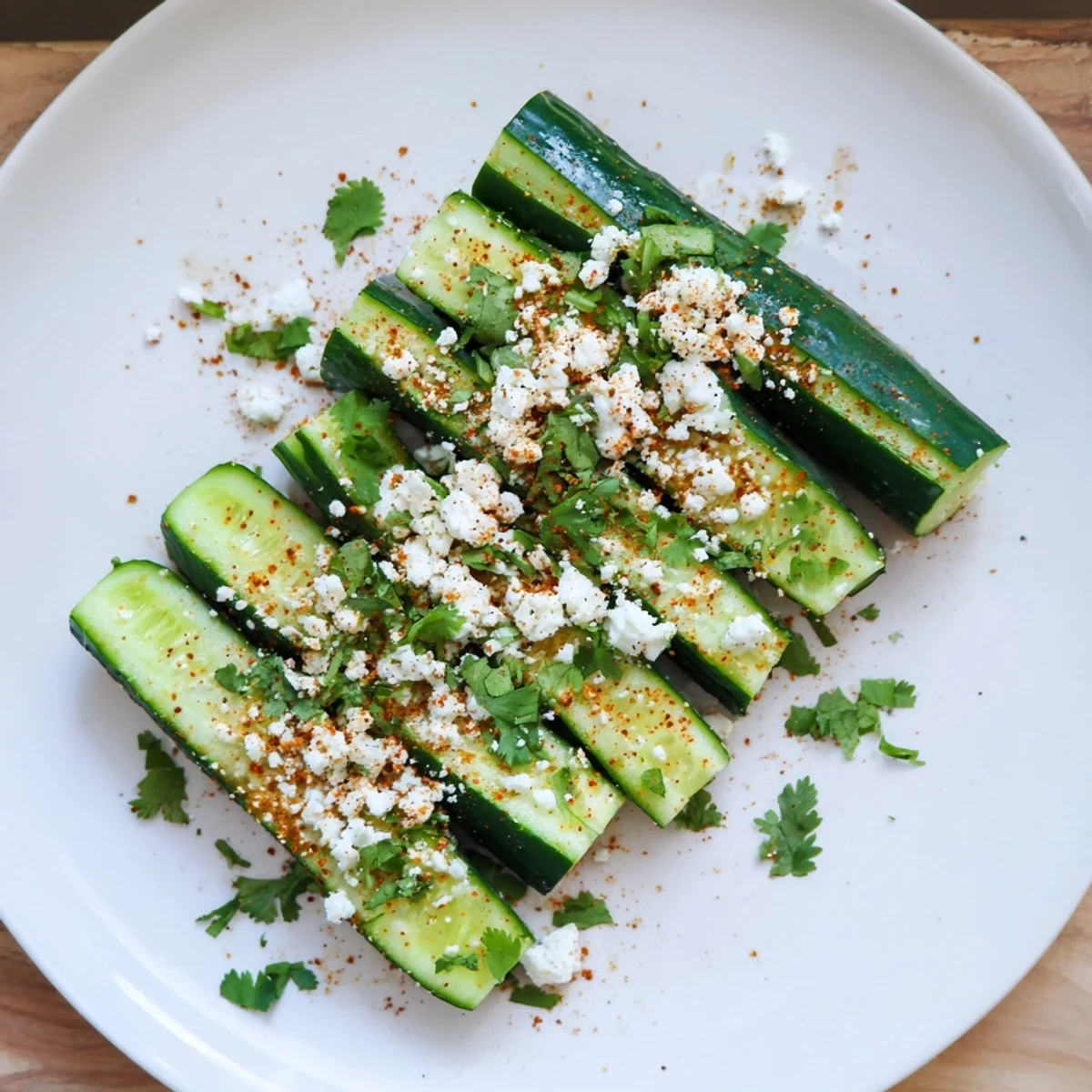 Fresh Mexican style cucumbers coated in tangy lime juice and spicy chili powder garnished with cilantro