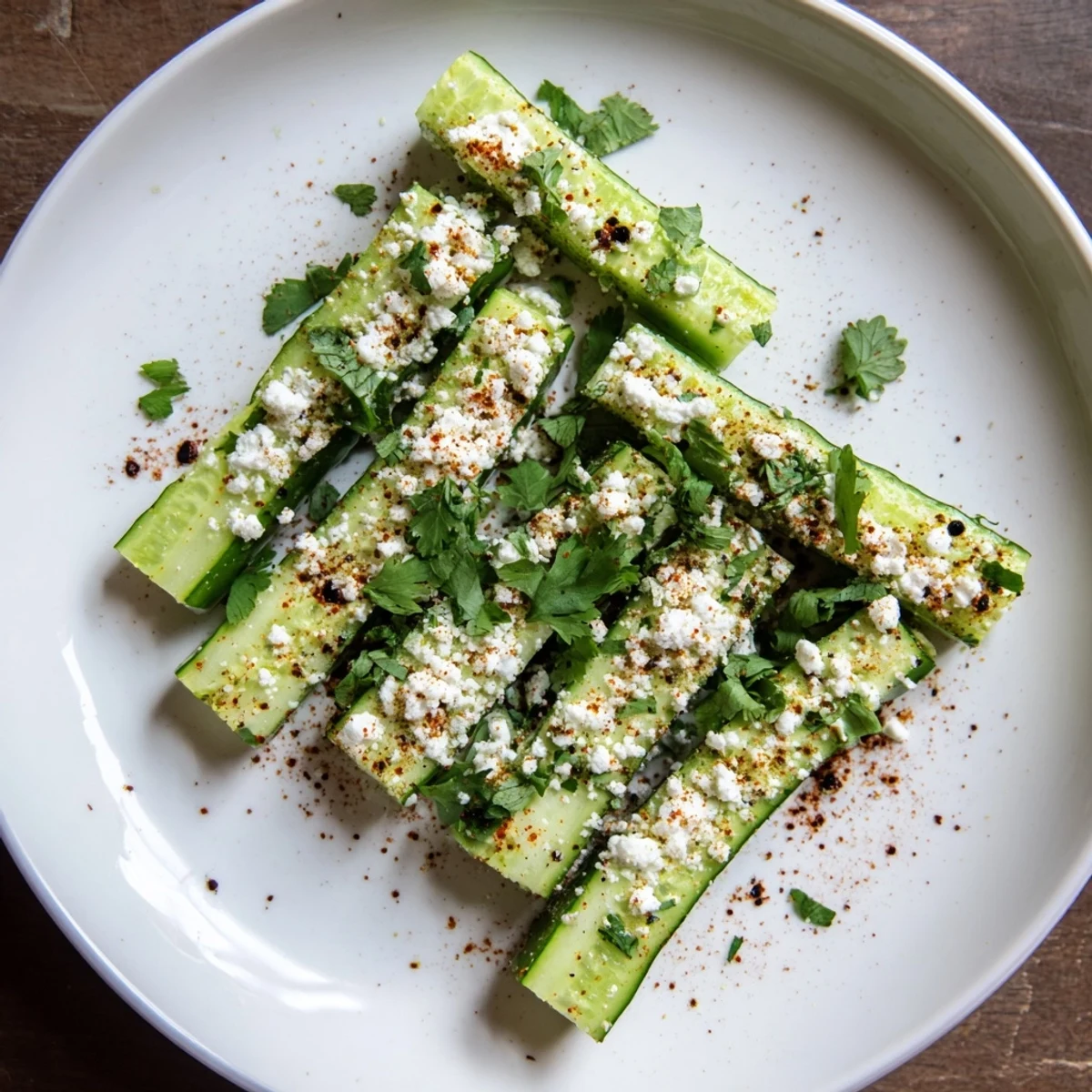 Vegan Mexican style cucumbers sprinkled with Tajín seasoning and fresh cilantro on a serving platter