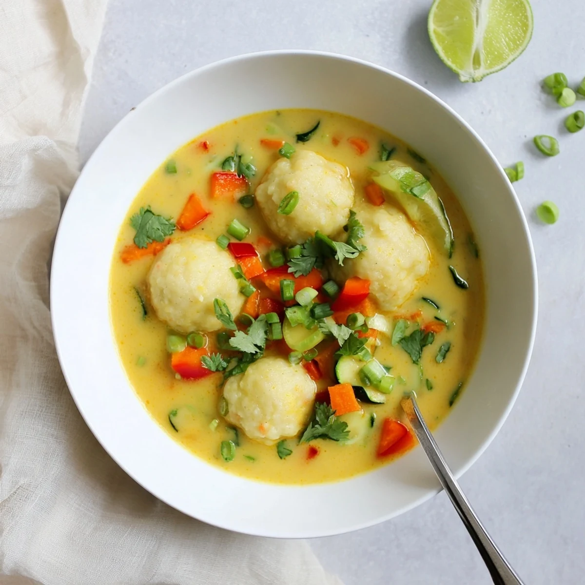 Creamy coconut curry soup featuring fluffy homemade dumplings in a rich golden broth