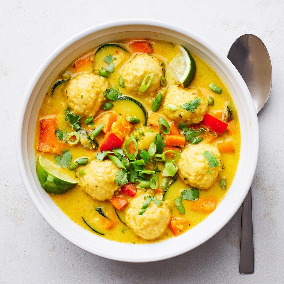 Steaming bowl of simple coconut curry soup with dumplings garnished with fresh cilantro