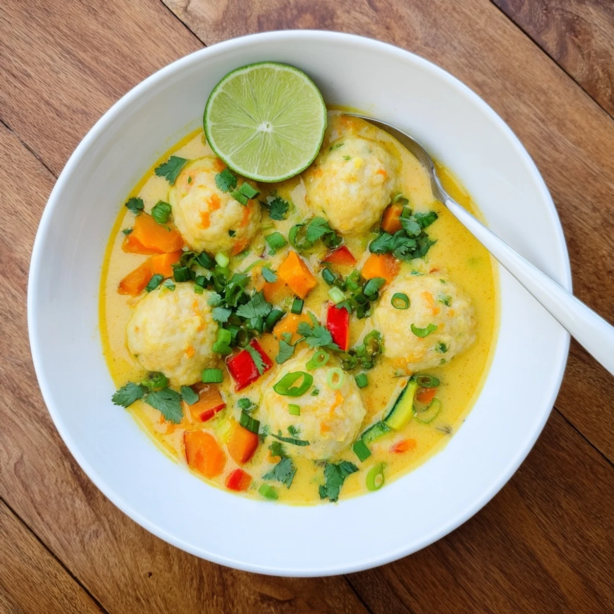 Golden curry soup with tender dumplings swimming in aromatic coconut milk broth