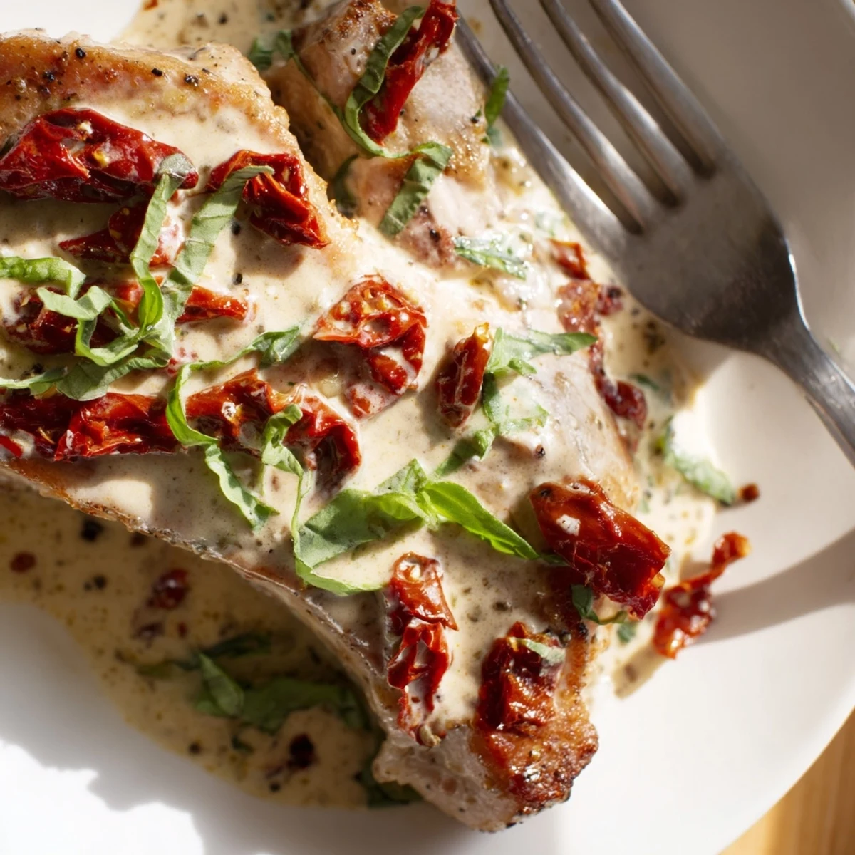 Golden Marry Me pork chops resting in creamy sun-dried tomato parmesan sauce with fresh basil garnish