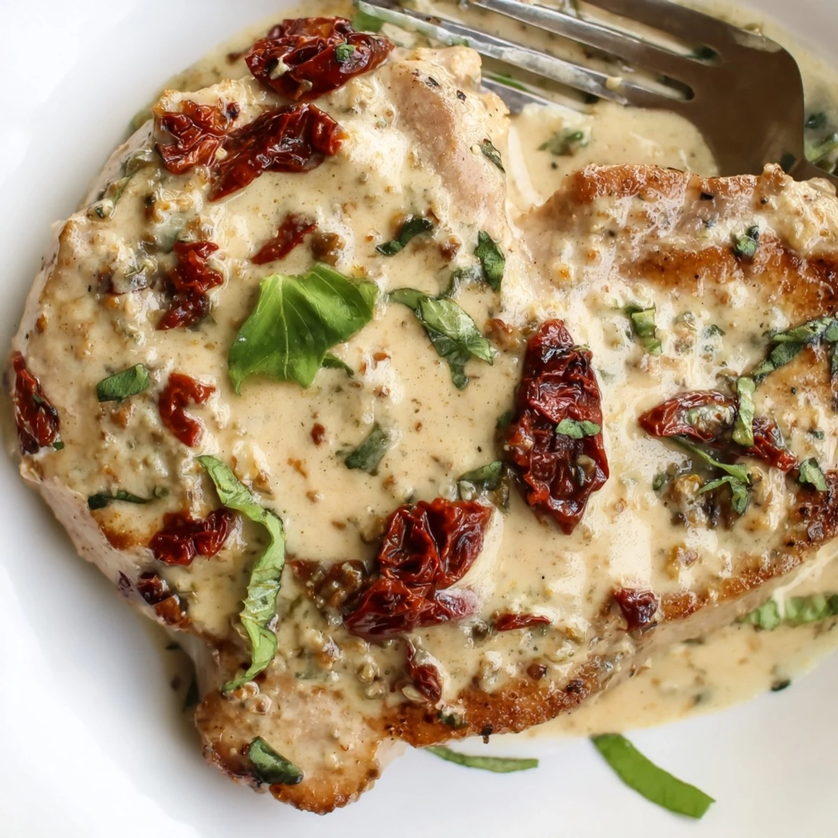 Succulent boneless pork chops simmered in rich white sauce with sun-dried tomatoes and melted parmesan