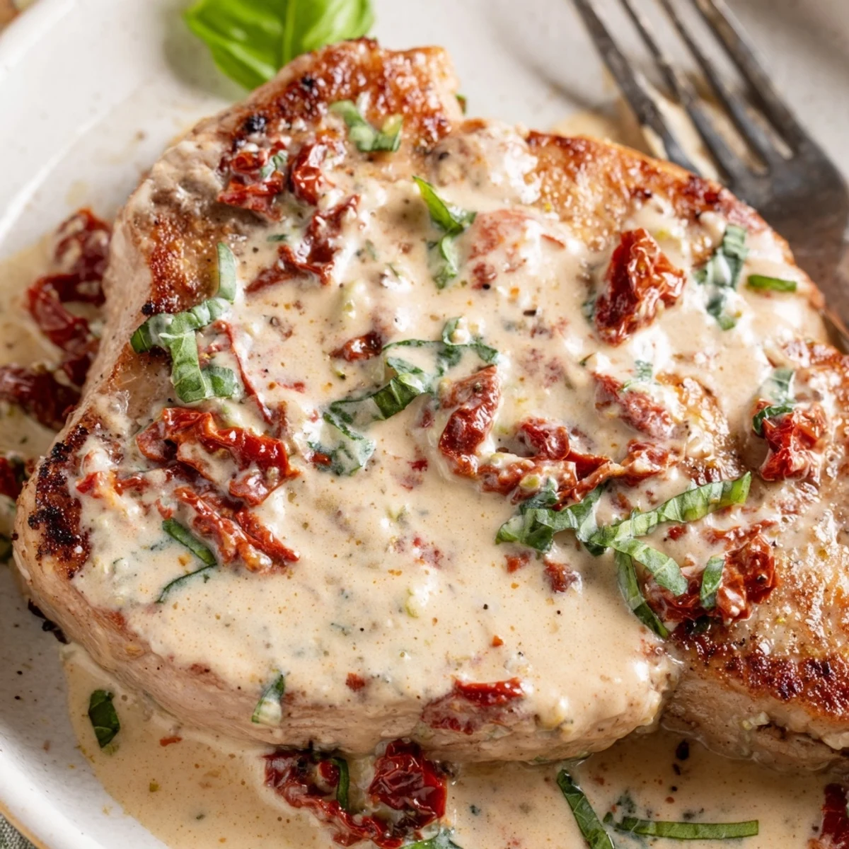 Tender Marry Me pork chops plated in velvety garlic cream sauce topped with chopped fresh basil