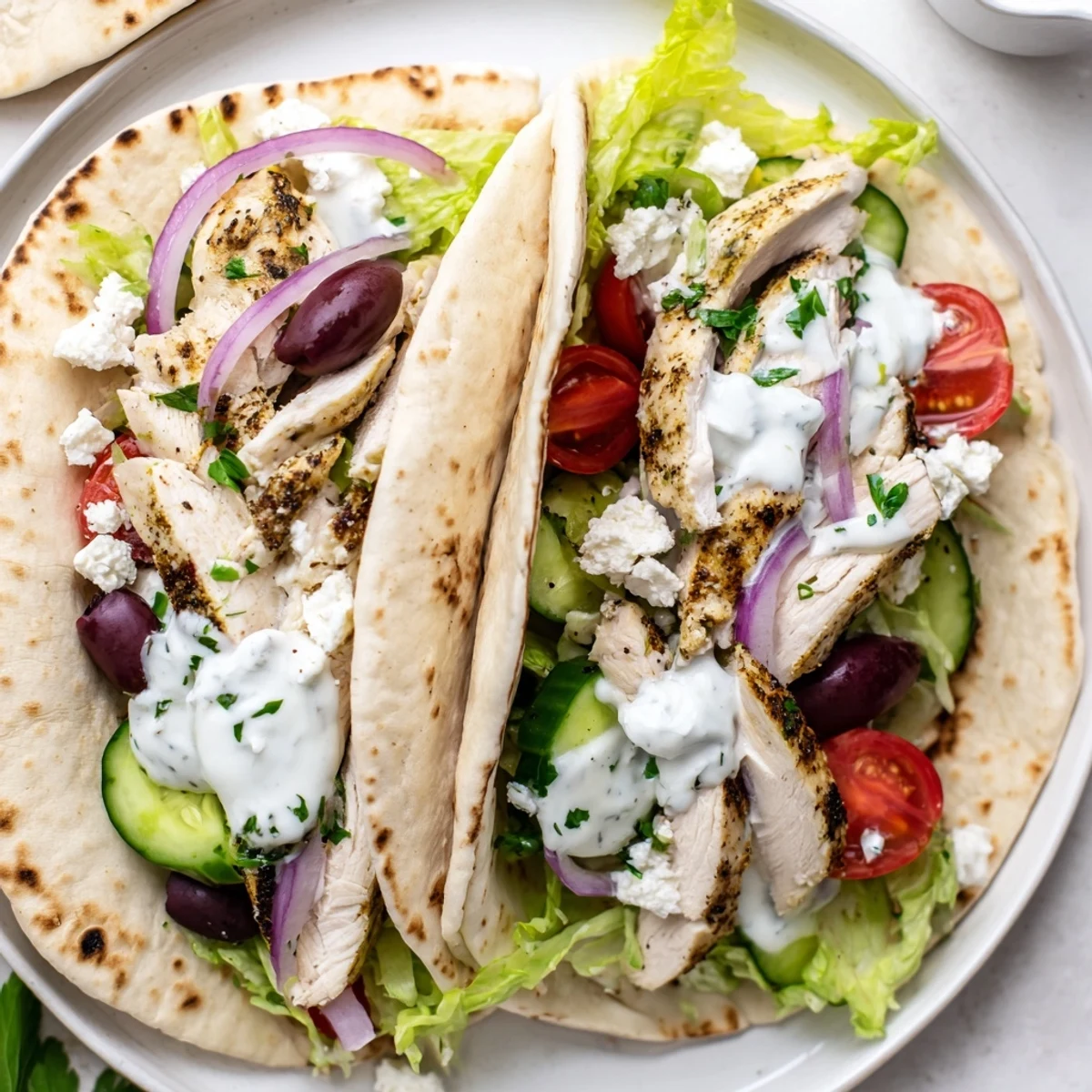 Golden grilled chicken tacos topped with fresh vegetables and creamy yogurt sauce in soft tortillas