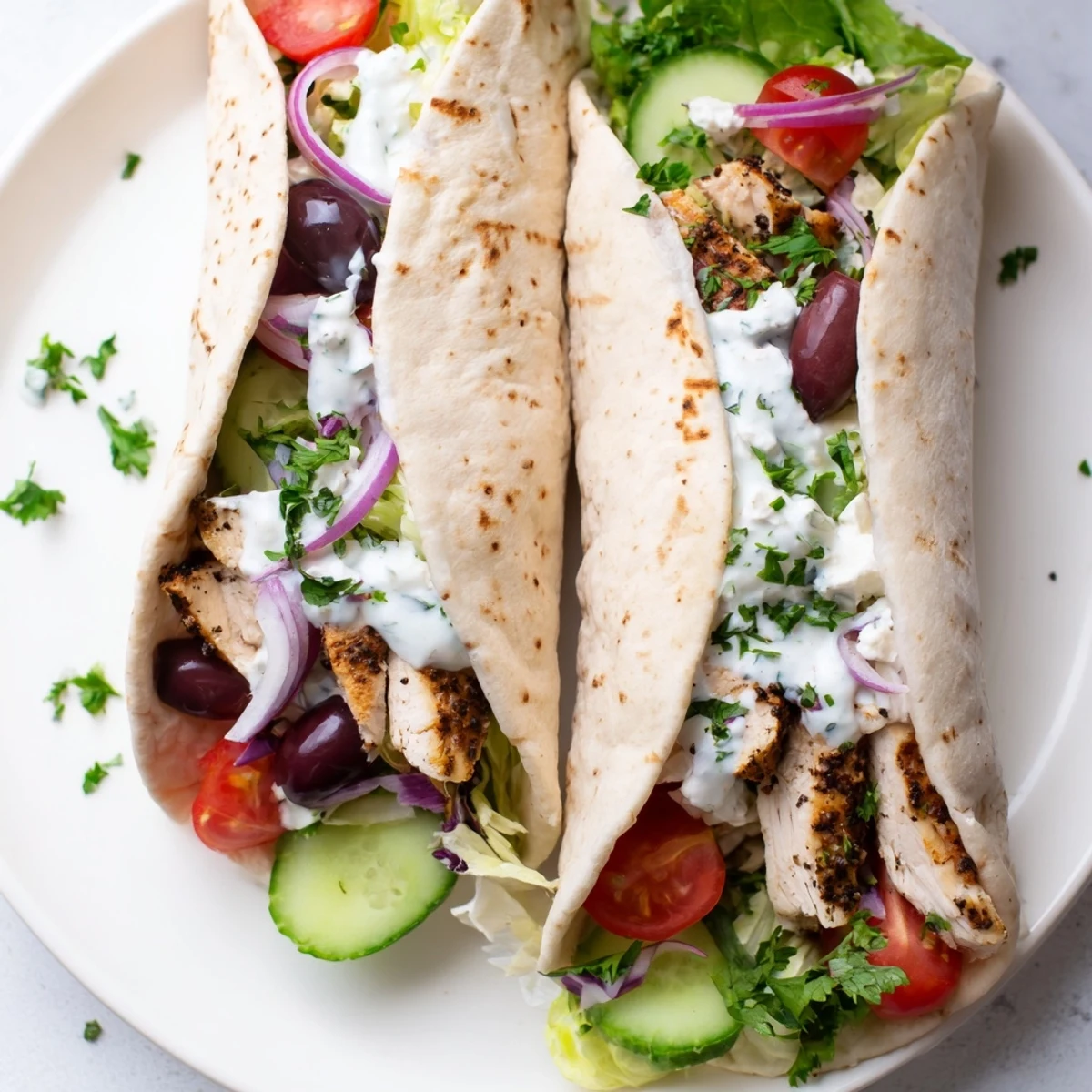 Mediterranean chicken tacos layered with crisp lettuce, tomatoes, cucumber, feta cheese, and tangy Greek yogurt drizzle