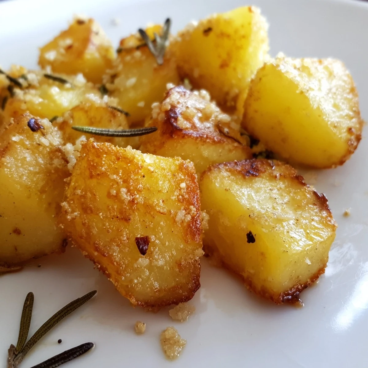 Bubbling hot pan of homemade roast potatoes seasoned with rosemary after roasting in the oven